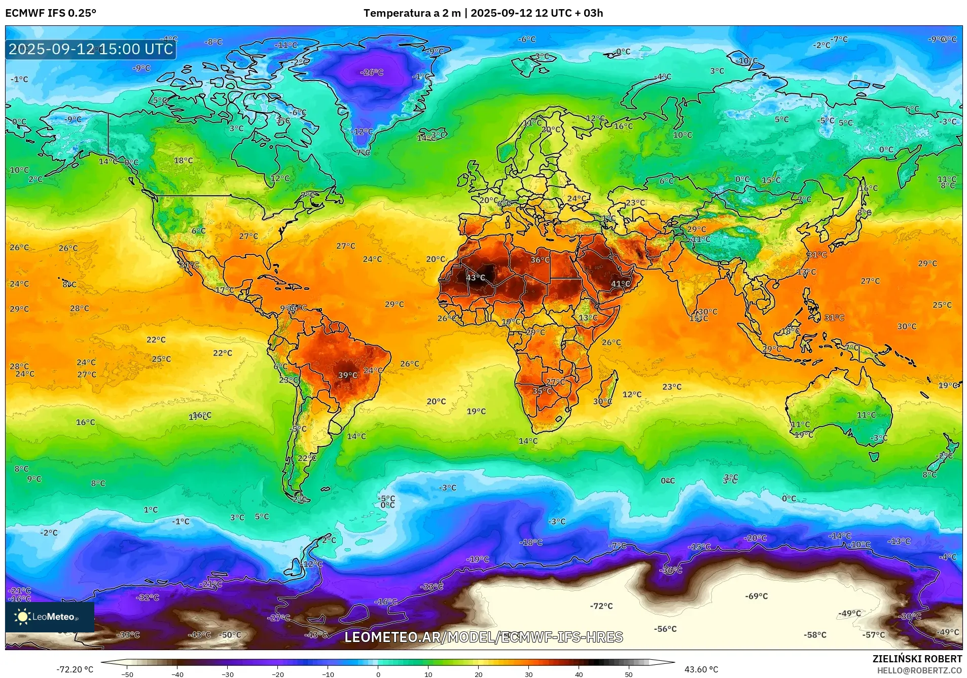 ECMWF IFS 0.25° model - Mundo, Temperatura a 2 m ECMWF IFS 0.25° model - Mundo, Temperatura a 2 m