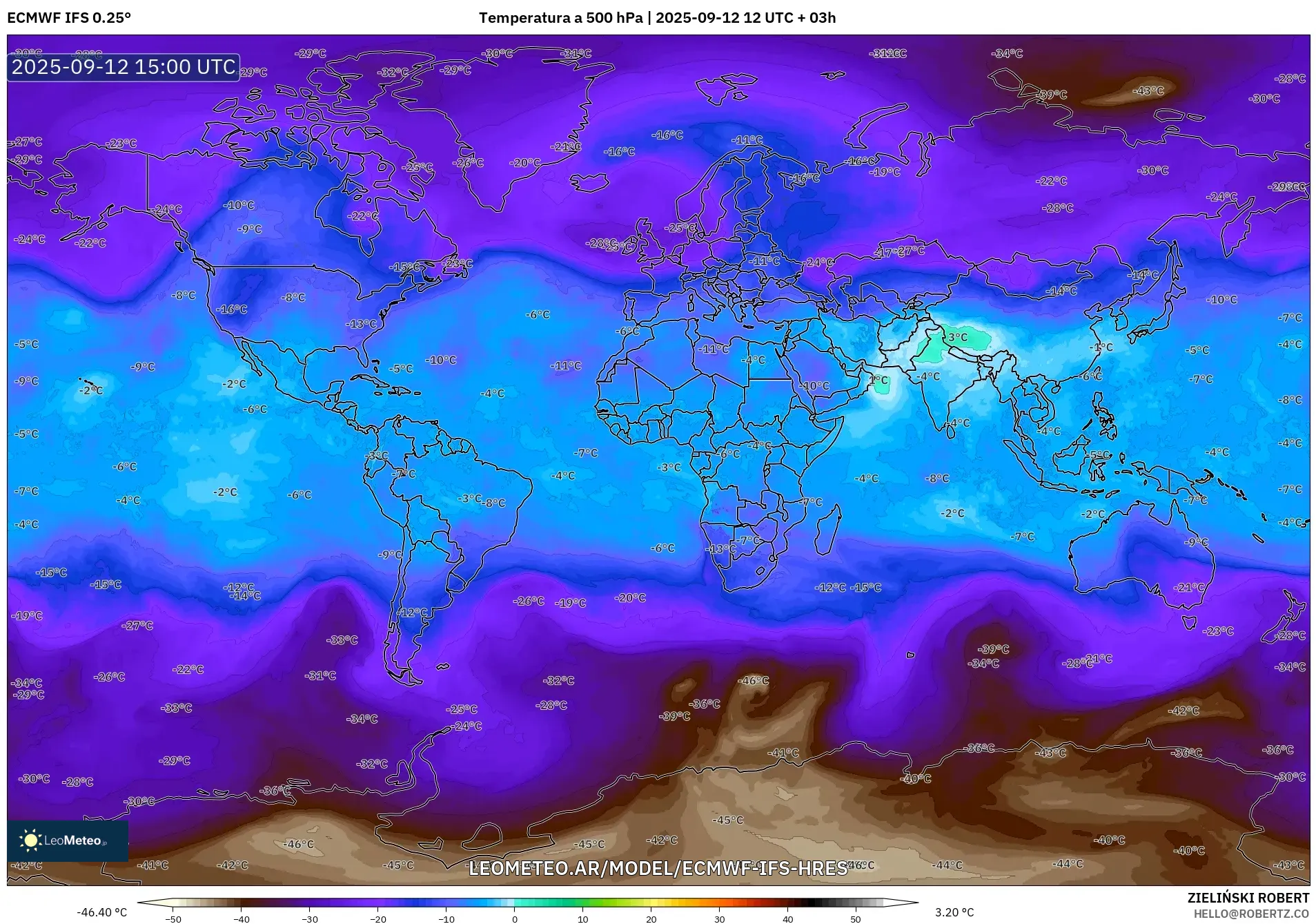 ECMWF IFS 0.25° model - Mundo, Temperatura a 500 hPa