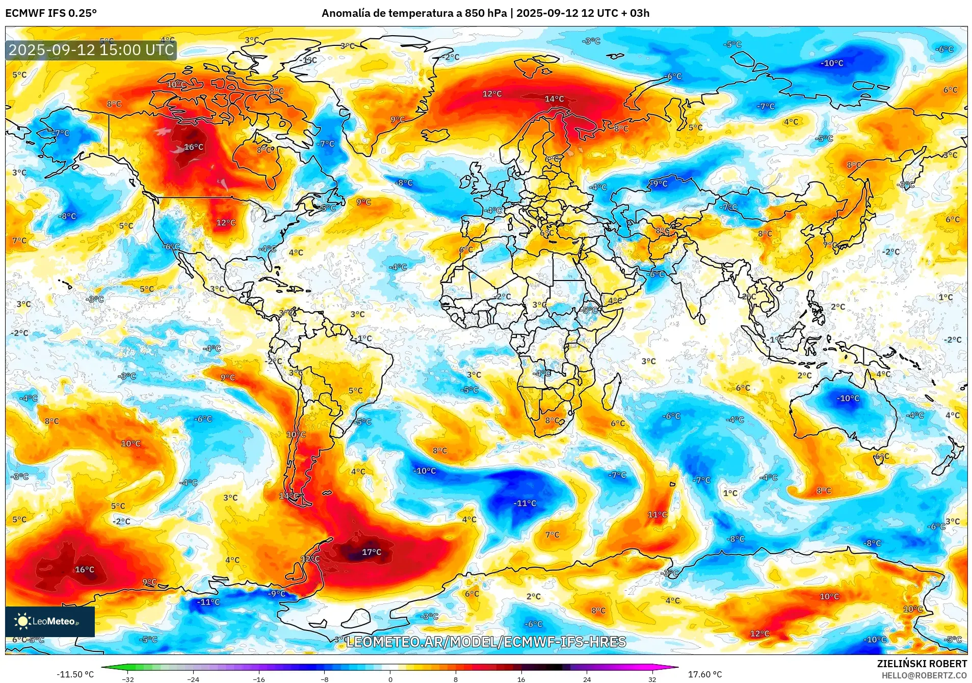 ECMWF IFS 0.25° model - Mundo, Anomalía de temperatura a 850 hPa ECMWF IFS 0.25° model - Mundo, Anomalía de temperatura a 850 hPa