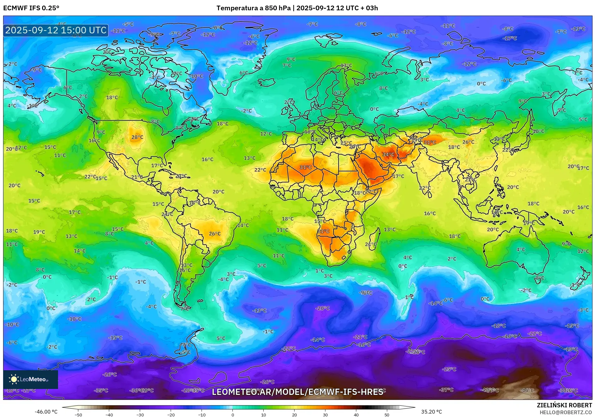 ECMWF IFS 0.25° model - Mundo, Temperatura a 850 hPa ECMWF IFS 0.25° model - Mundo, Temperatura a 850 hPa