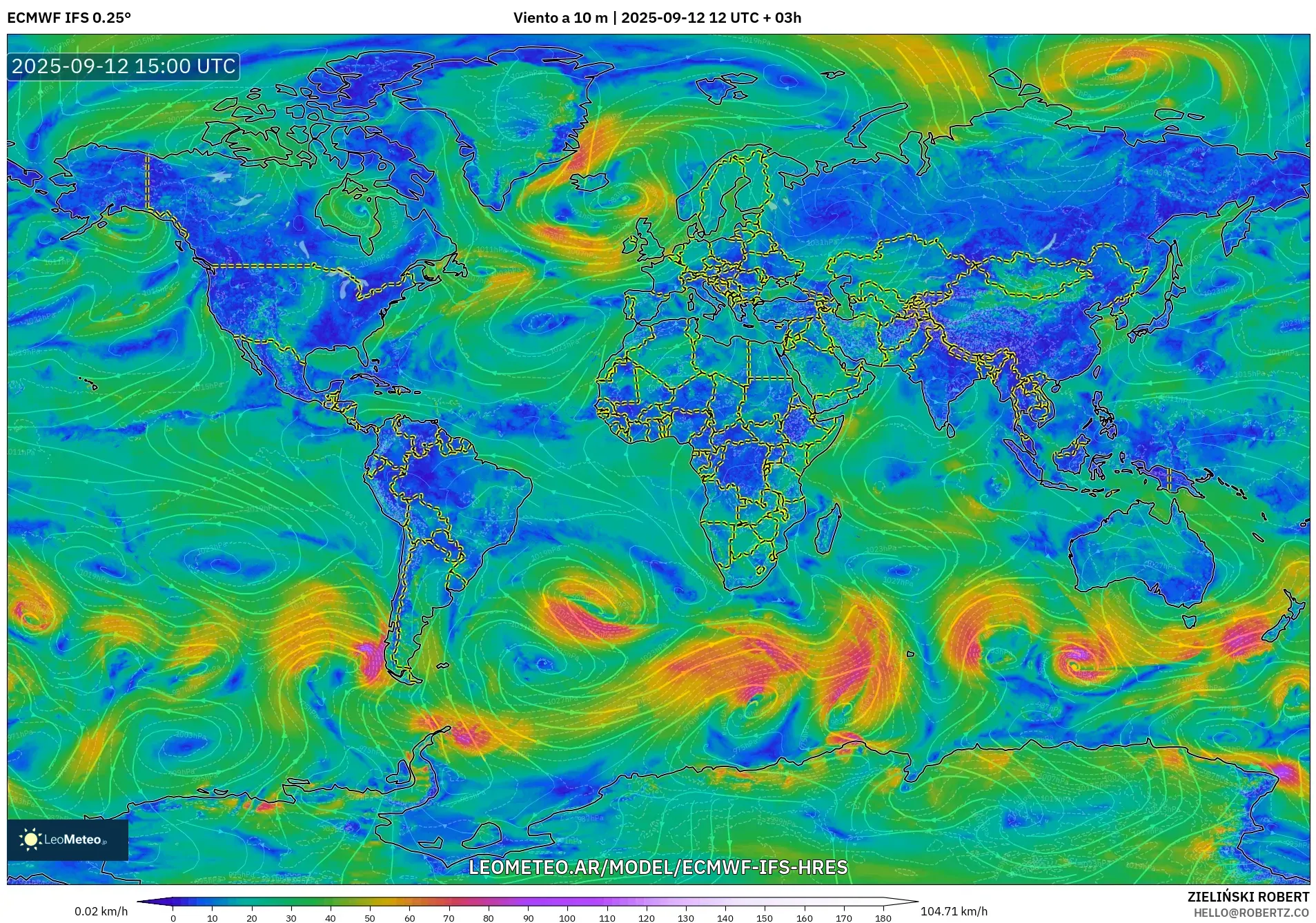 ECMWF IFS 0.25° model - Mundo, Viento a 10 m