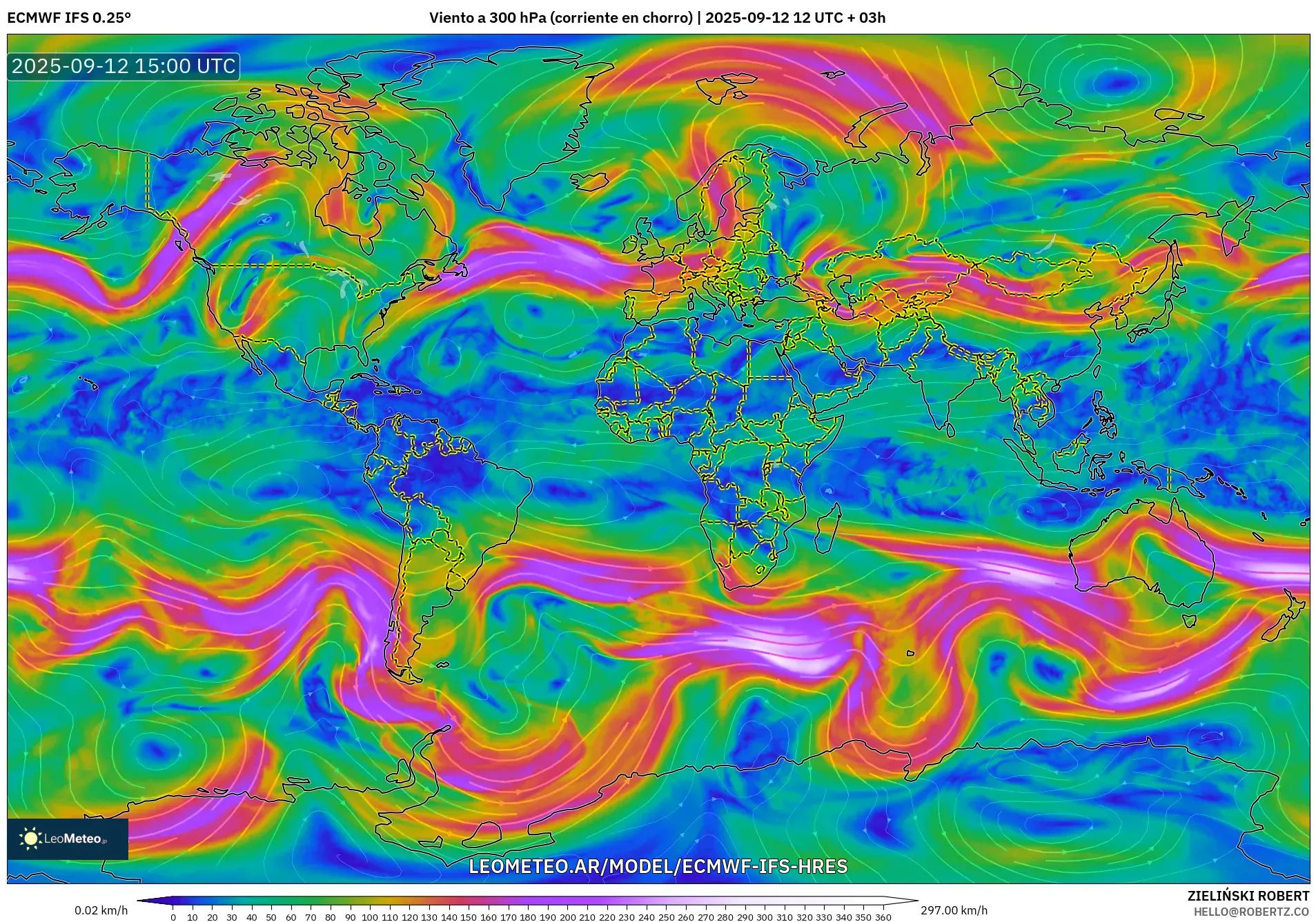 ECMWF IFS 0.25° model - Mundo, Viento a 300 hPa (corriente en chorro)