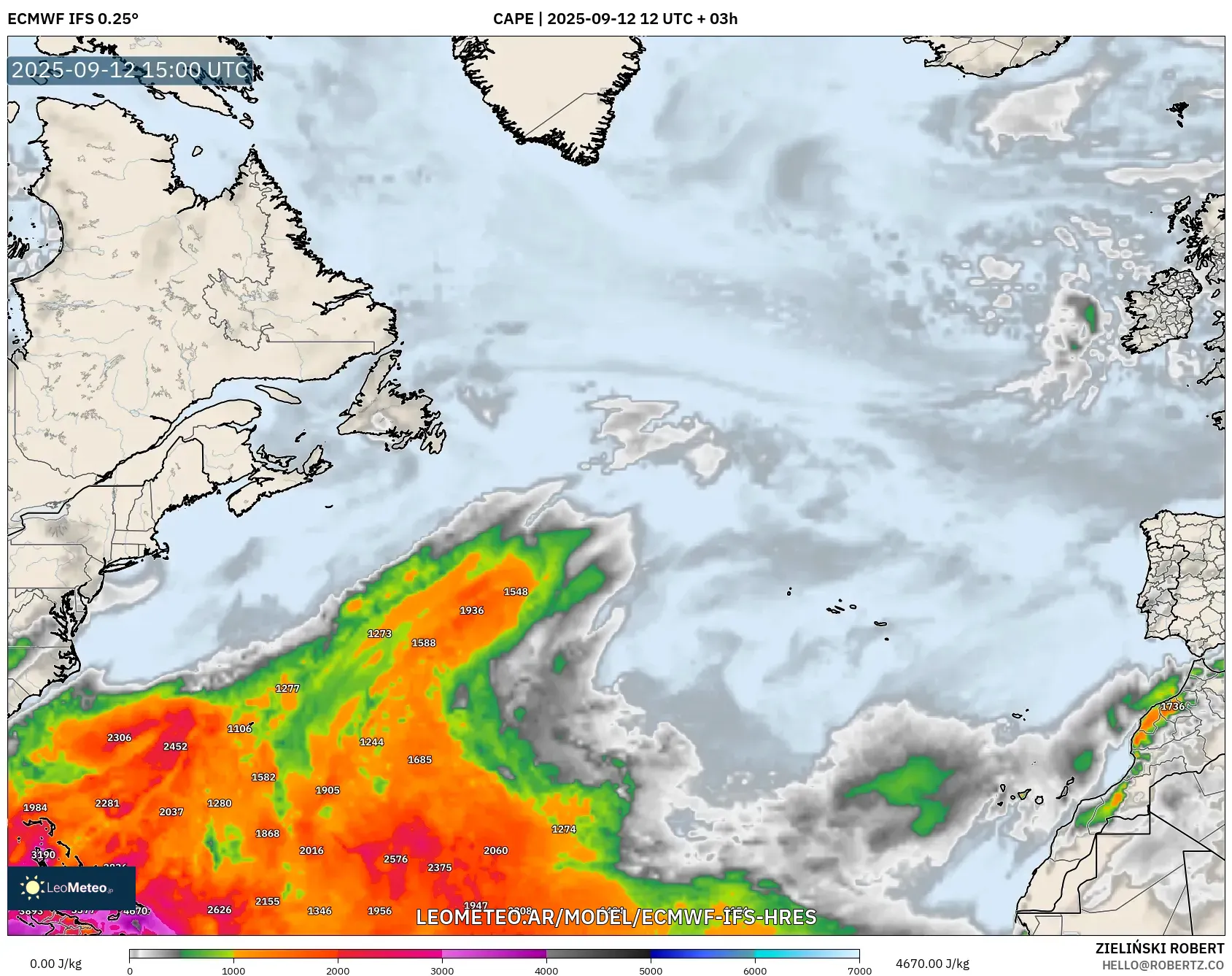 ECMWF IFS 0.25° model - Norte Atlántico, CAPE