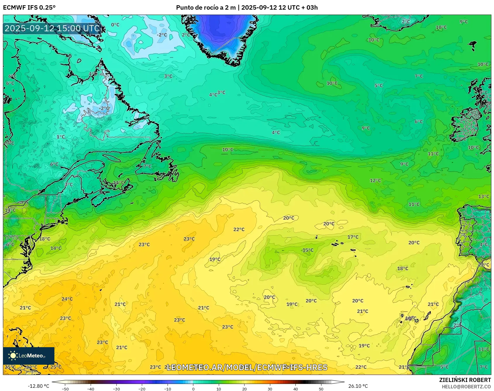 ECMWF IFS 0.25° model - Norte Atlántico, Punto de rocío a 2 m ECMWF IFS 0.25° model - Norte Atlántico, Punto de rocío a 2 m