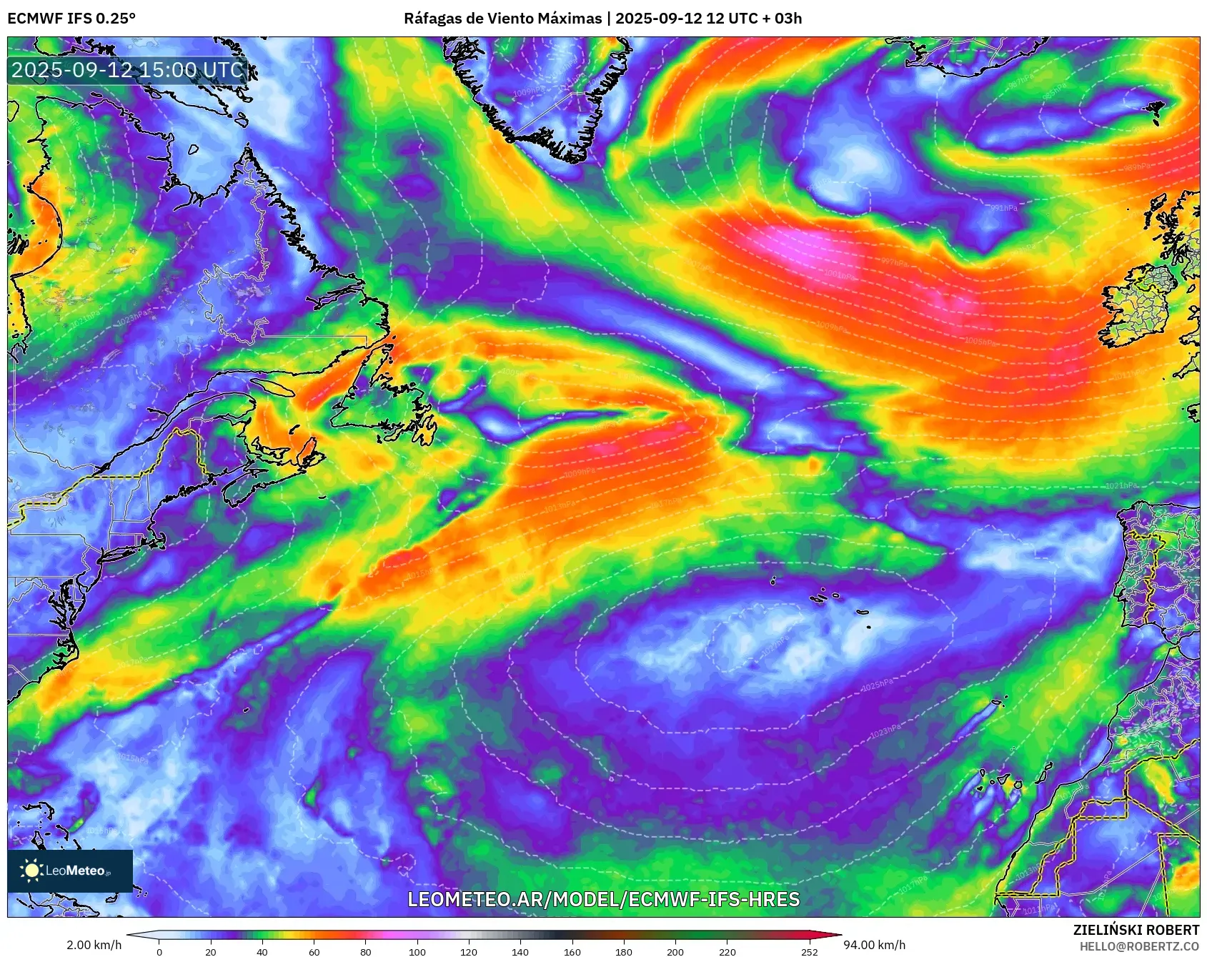 ECMWF IFS 0.25° model - Norte Atlántico, Ráfagas de Viento Máximas ECMWF IFS 0.25° model - Norte Atlántico, Ráfagas de Viento Máximas