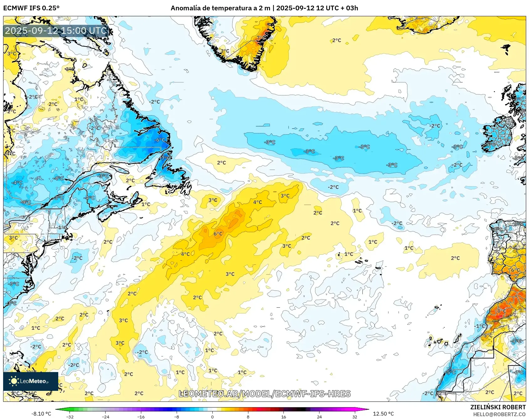 ECMWF IFS 0.25° model - Norte Atlántico, Anomalía de temperatura a 2 m