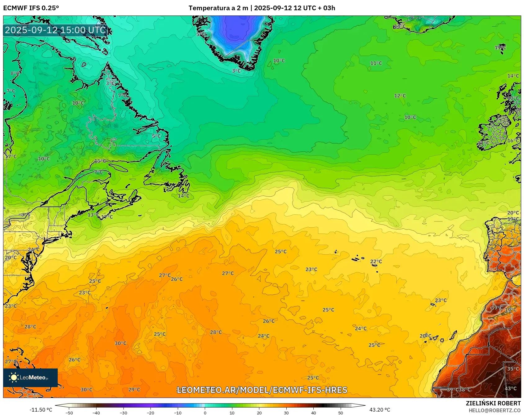 ECMWF IFS 0.25° model - Norte Atlántico, Temperatura a 2 m ECMWF IFS 0.25° model - Norte Atlántico, Temperatura a 2 m