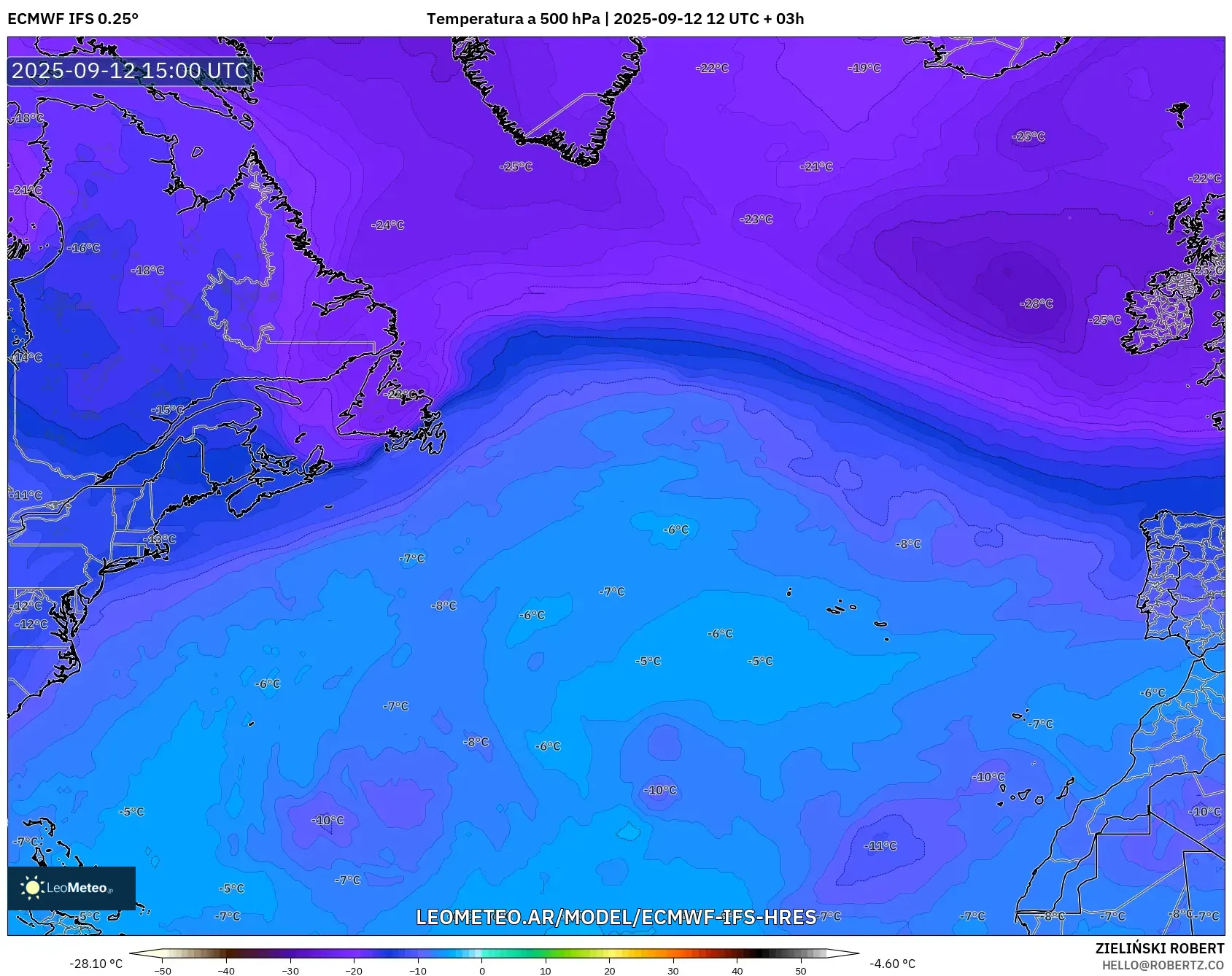 ECMWF IFS 0.25° model - Norte Atlántico, Temperatura a 500 hPa ECMWF IFS 0.25° model - Norte Atlántico, Temperatura a 500 hPa