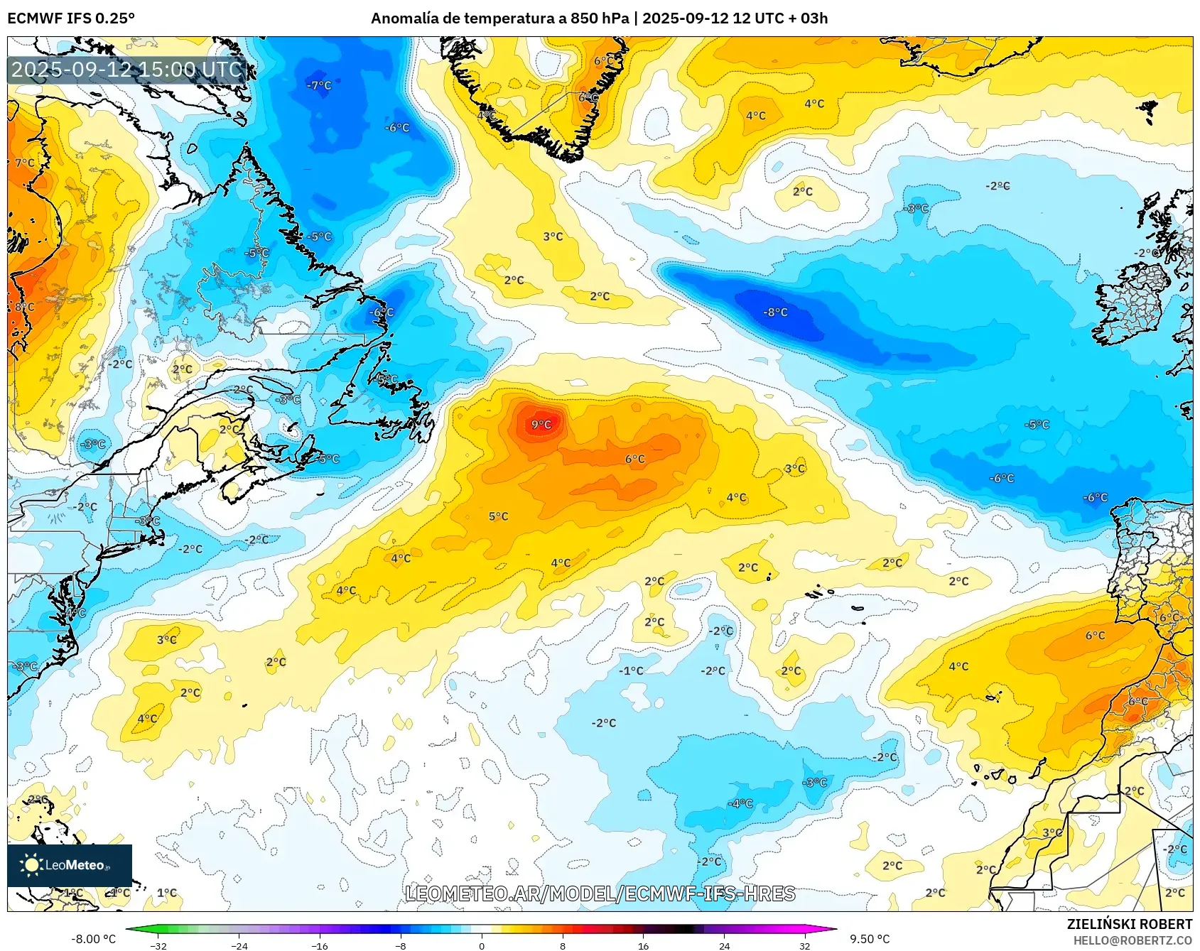 ECMWF IFS 0.25° model - Norte Atlántico, Anomalía de temperatura a 850 hPa