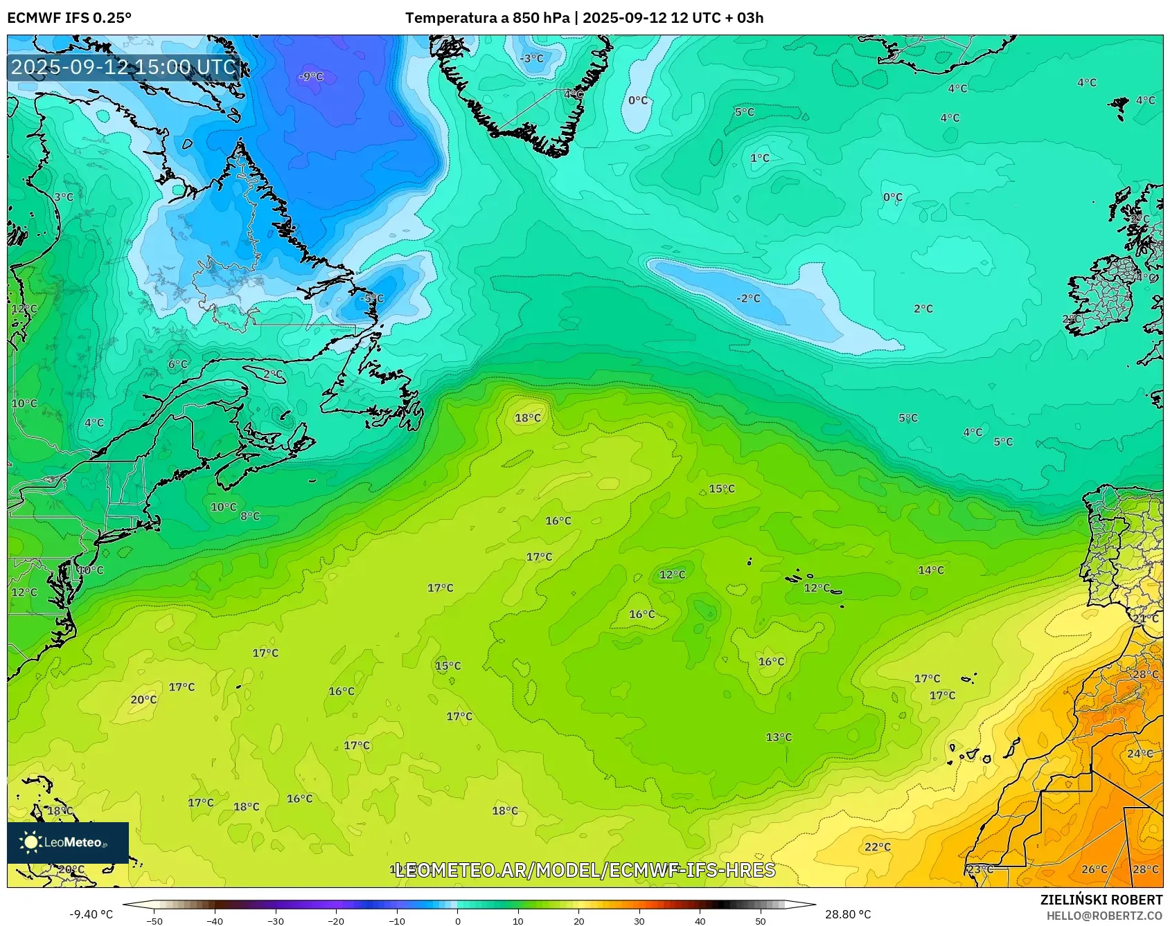 ECMWF IFS 0.25° model - Norte Atlántico, Temperatura a 850 hPa