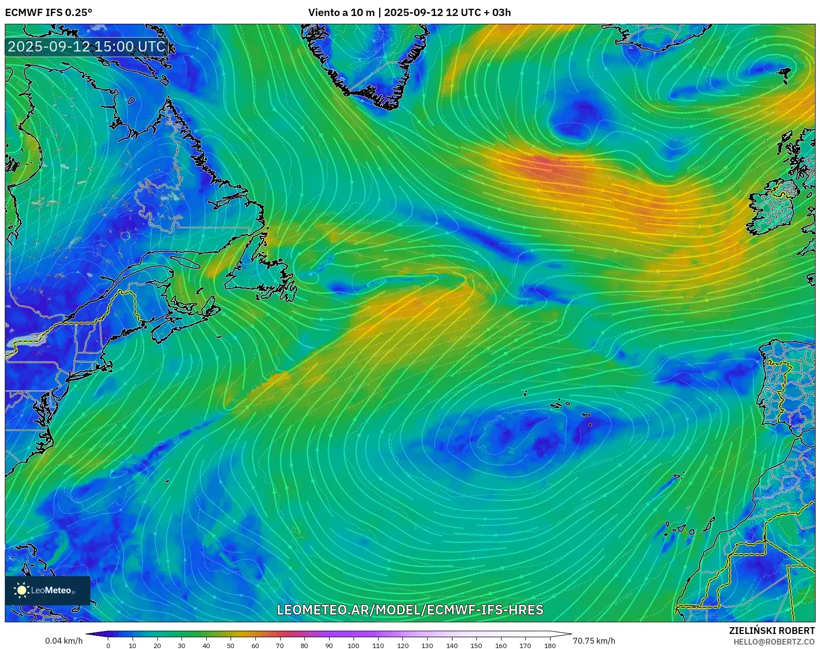 ECMWF IFS 0.25° model - Norte Atlántico, Viento a 10 m