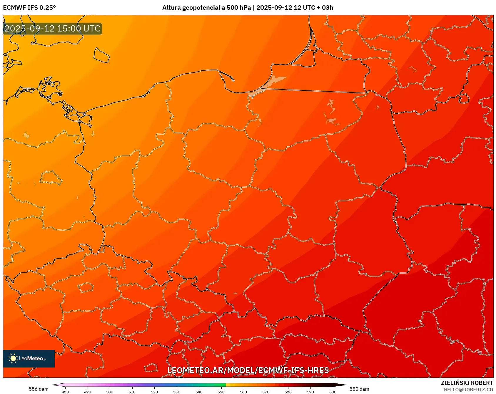 ECMWF IFS 0.25° model - Polonia, Altura geopotencial a 500 hPa