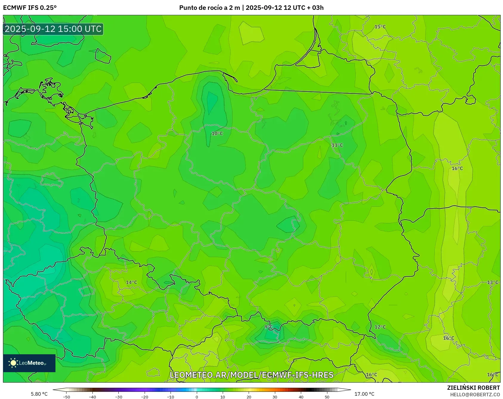 ECMWF IFS 0.25° model - Polonia, Punto de rocío a 2 m