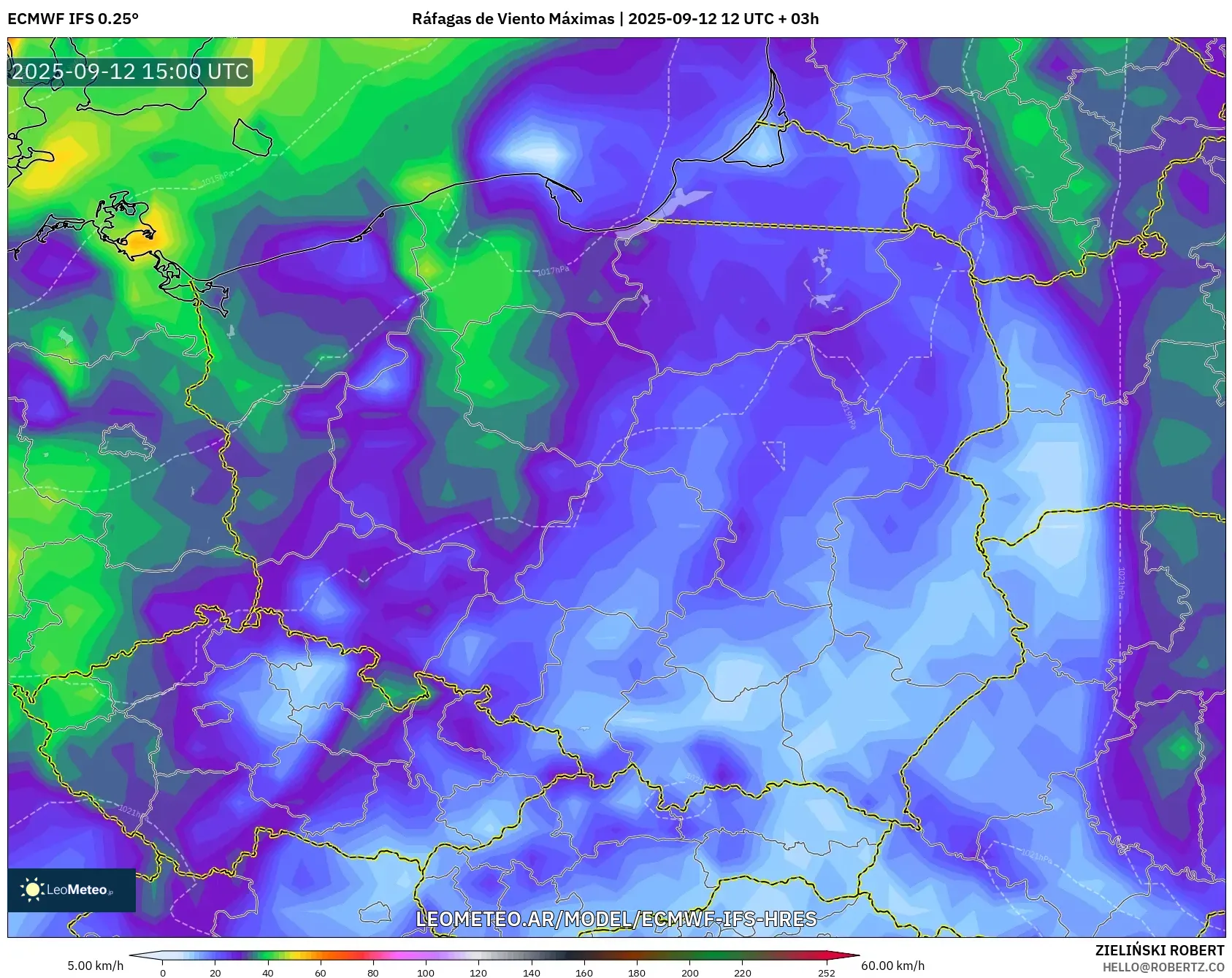ECMWF IFS 0.25° model - Polonia, Ráfagas de Viento Máximas