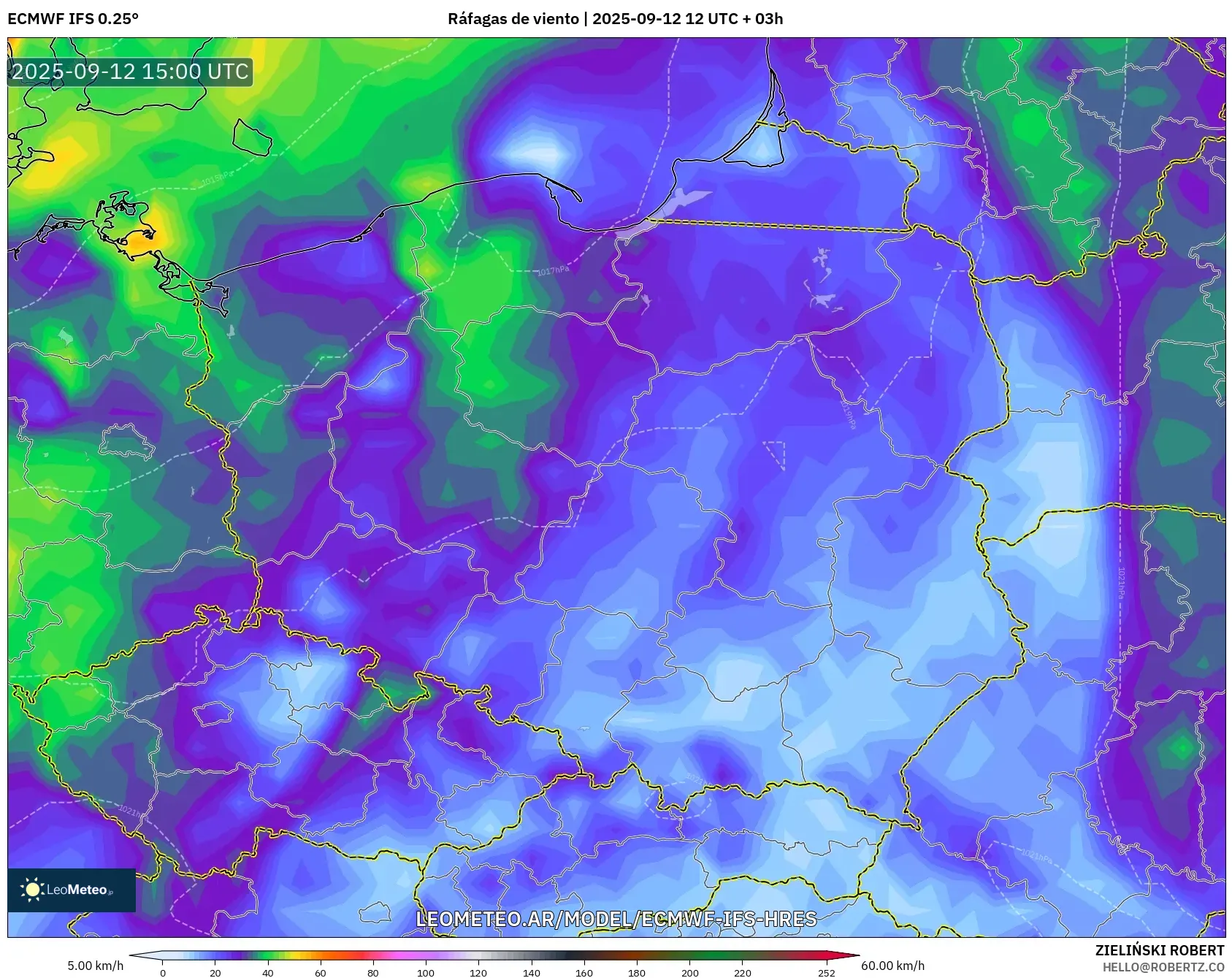 ECMWF IFS 0.25° model - Polonia, Ráfagas de viento ECMWF IFS 0.25° model - Polonia, Ráfagas de viento
