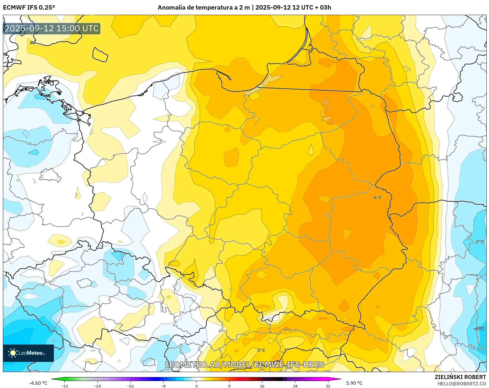 ECMWF IFS 0.25° model - Polonia, Anomalía de temperatura a 2 m ECMWF IFS 0.25° model - Polonia, Anomalía de temperatura a 2 m