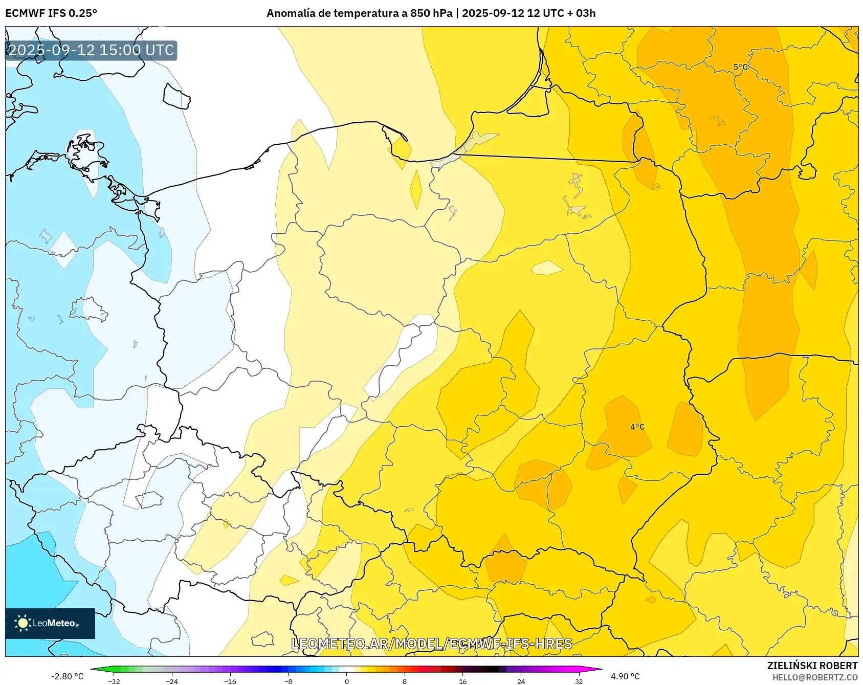 ECMWF IFS 0.25° model - Polonia, Anomalía de temperatura a 850 hPa