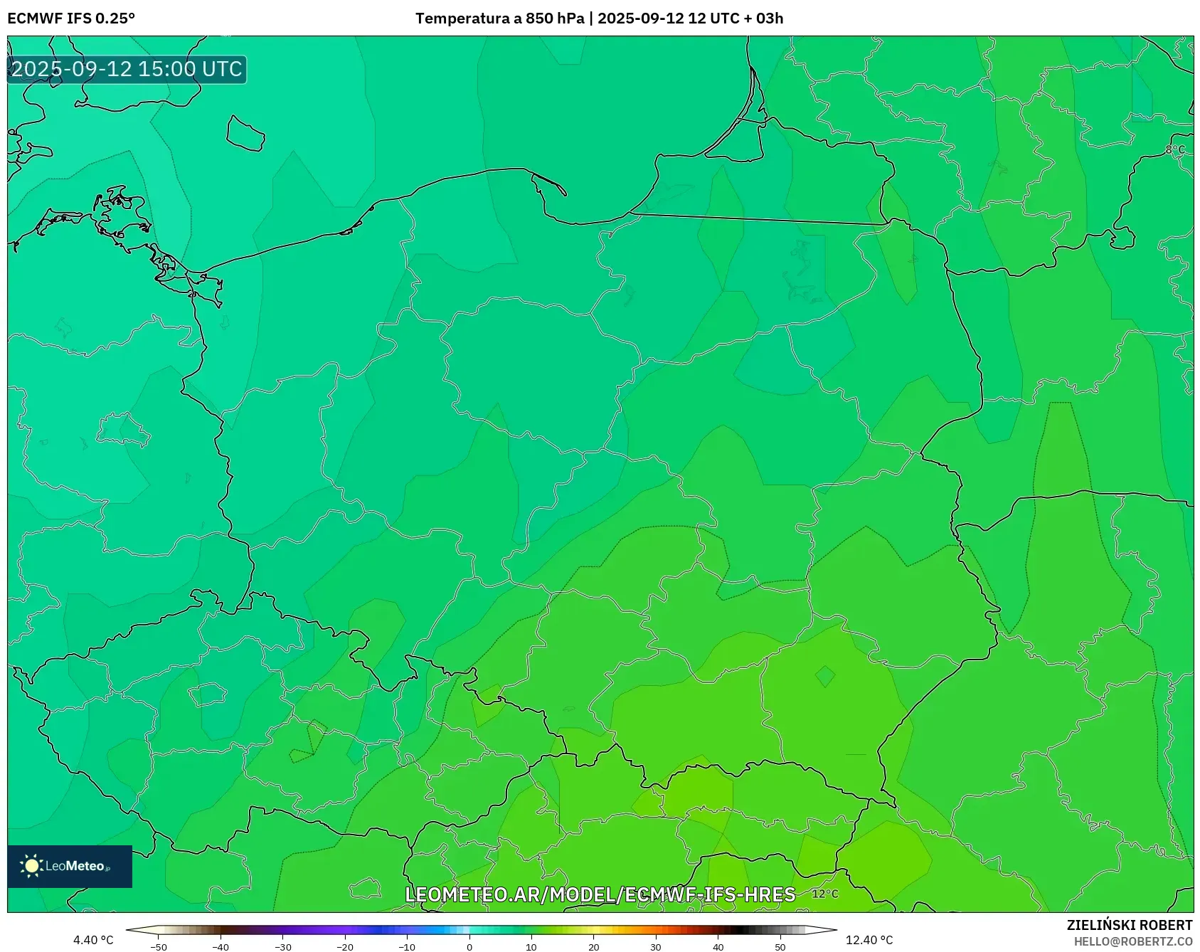 ECMWF IFS 0.25° model - Polonia, Temperatura a 850 hPa