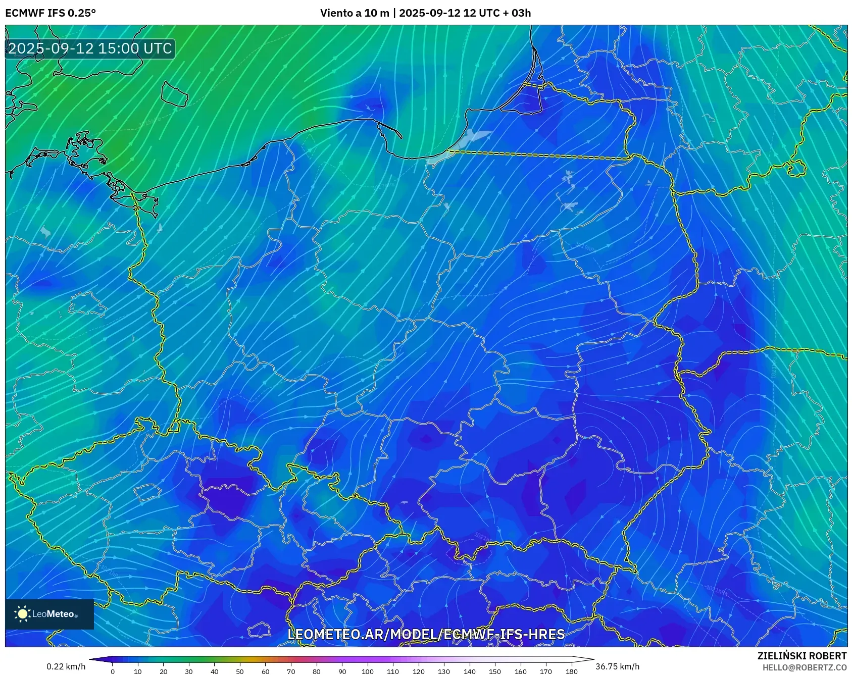 ECMWF IFS 0.25° model - Polonia, Viento a 10 m ECMWF IFS 0.25° model - Polonia, Viento a 10 m