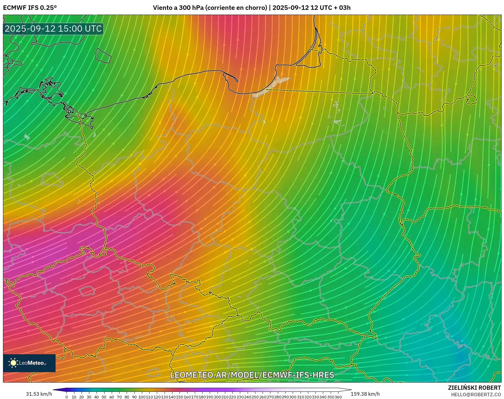 ECMWF IFS 0.25° model - Polonia, Viento a 300 hPa (corriente en chorro) ECMWF IFS 0.25° model - Polonia, Viento a 300 hPa (corriente en chorro)