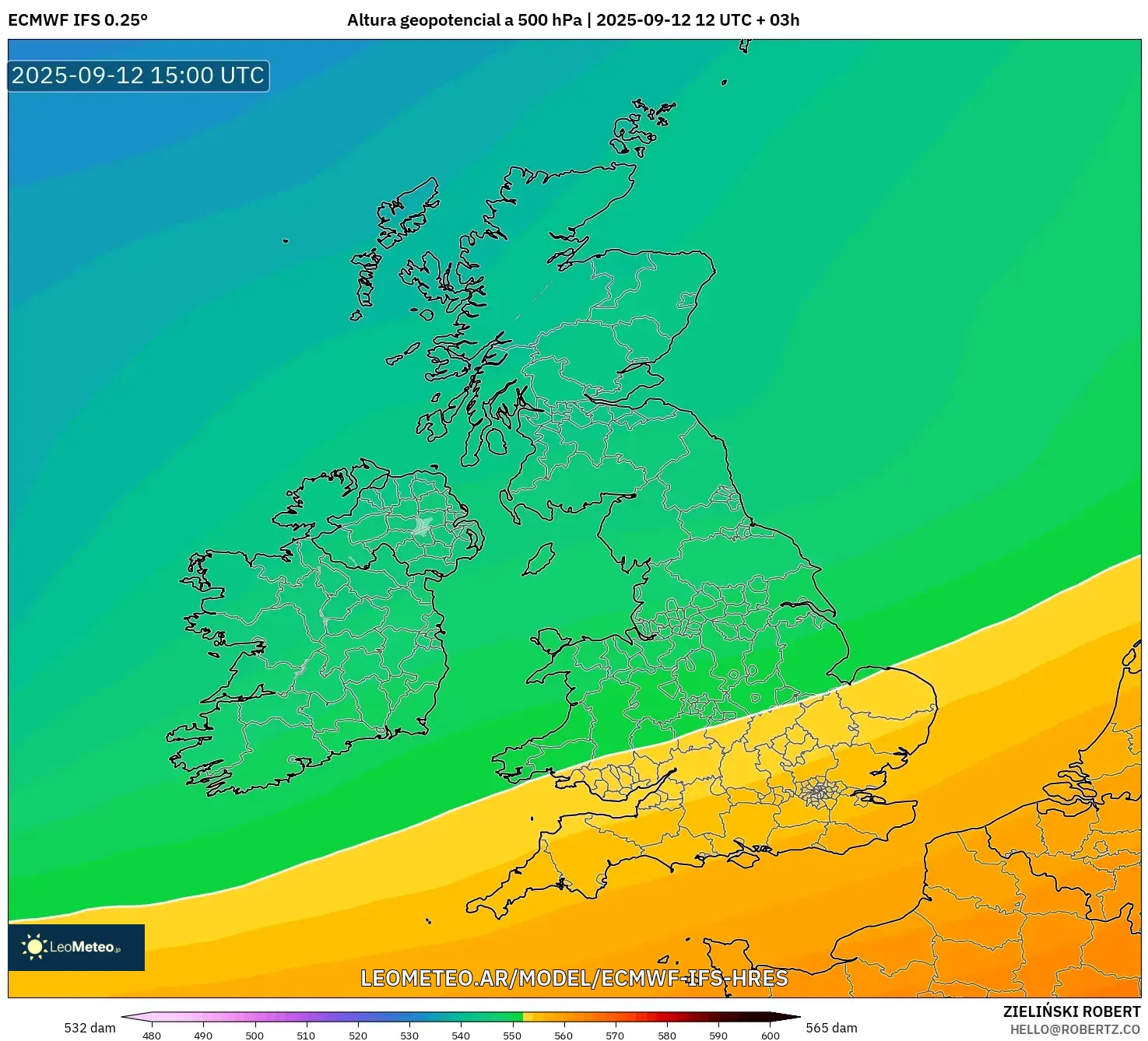 ECMWF IFS 0.25° model - Reino Unido, Altura geopotencial a 500 hPa ECMWF IFS 0.25° model - Reino Unido, Altura geopotencial a 500 hPa