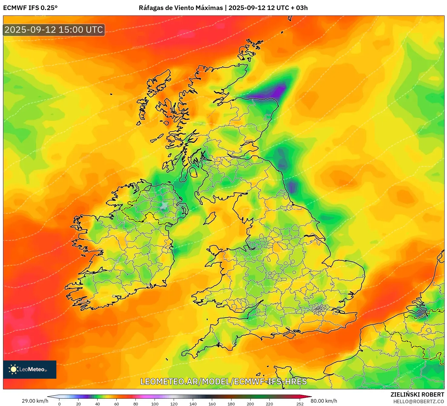 ECMWF IFS 0.25° model - Reino Unido, Ráfagas de Viento Máximas