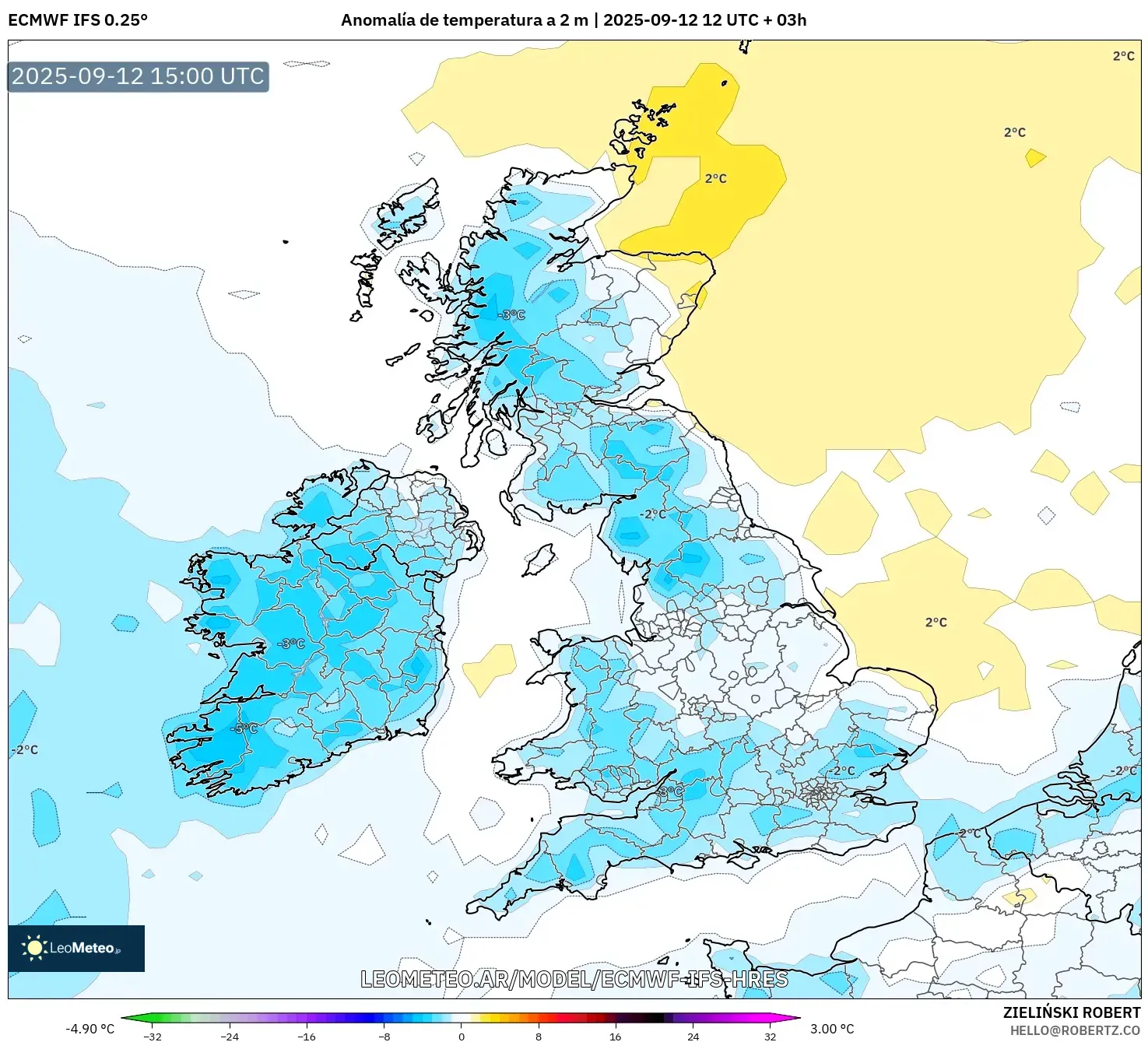 ECMWF IFS 0.25° model - Reino Unido, Anomalía de temperatura a 2 m ECMWF IFS 0.25° model - Reino Unido, Anomalía de temperatura a 2 m