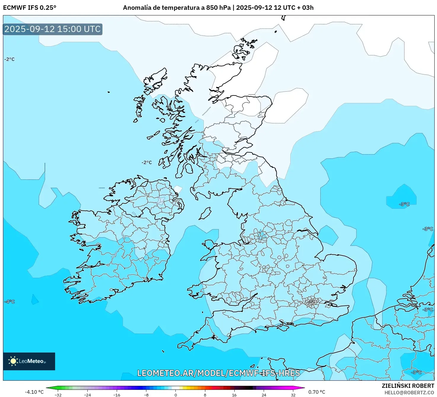 ECMWF IFS 0.25° model - Reino Unido, Anomalía de temperatura a 850 hPa