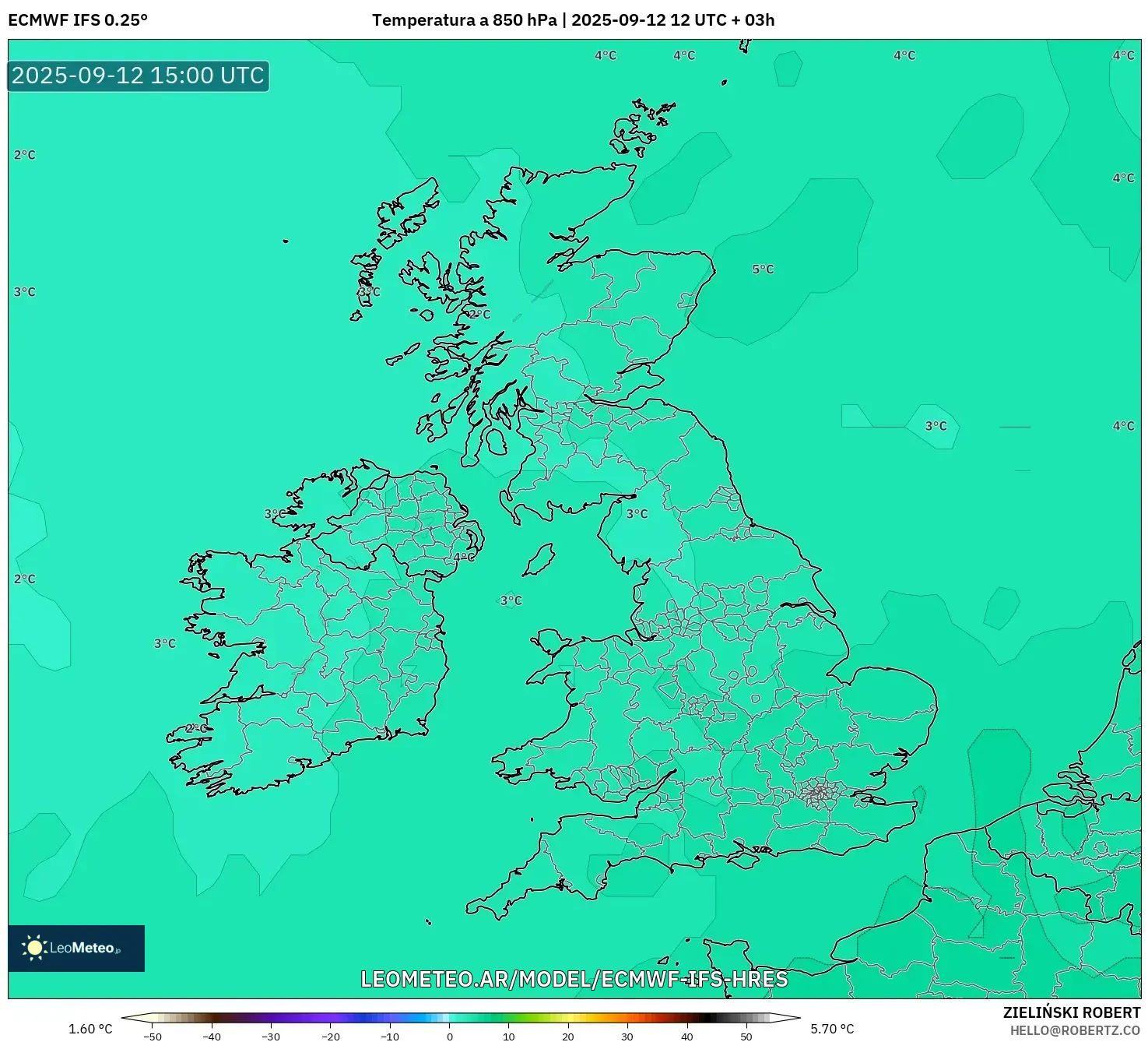 ECMWF IFS 0.25° model - Reino Unido, Temperatura a 850 hPa