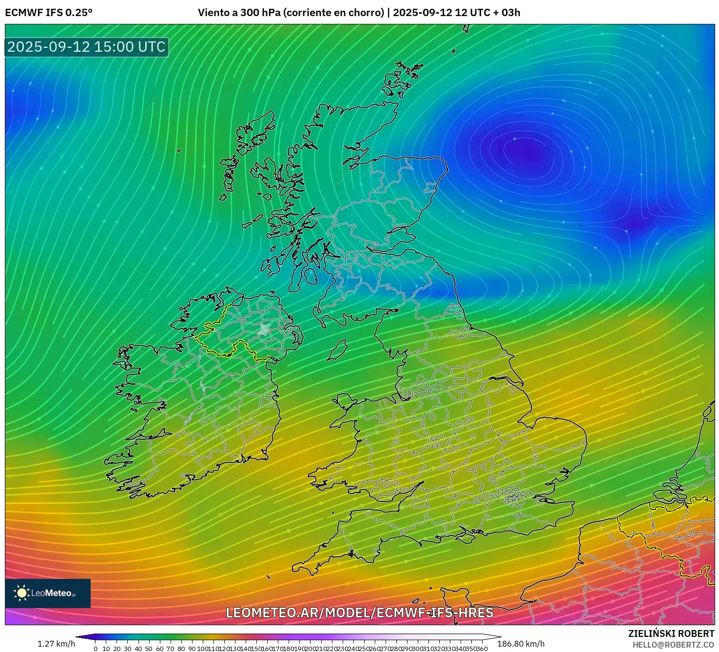 ECMWF IFS 0.25° model - Reino Unido, Viento a 300 hPa (corriente en chorro) ECMWF IFS 0.25° model - Reino Unido, Viento a 300 hPa (corriente en chorro)