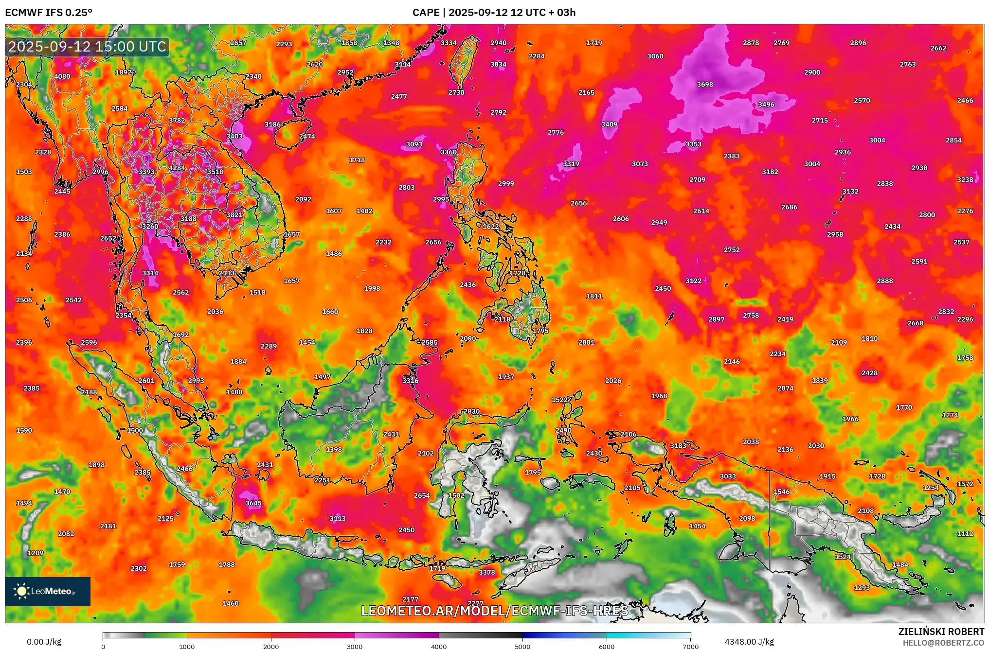 ECMWF IFS 0.25° model - Sudeste Asiático, CAPE ECMWF IFS 0.25° model - Sudeste Asiático, CAPE