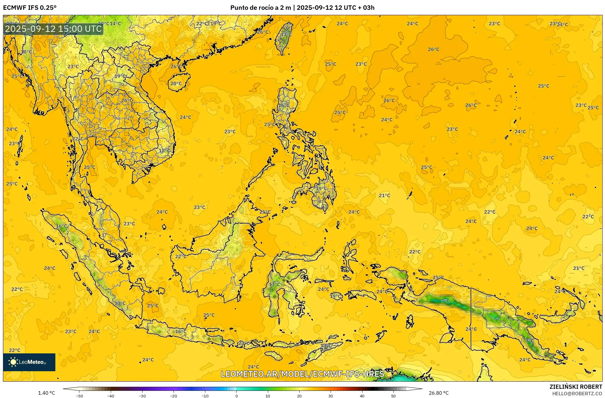 ECMWF IFS 0.25° model - Sudeste Asiático, Punto de rocío a 2 m ECMWF IFS 0.25° model - Sudeste Asiático, Punto de rocío a 2 m