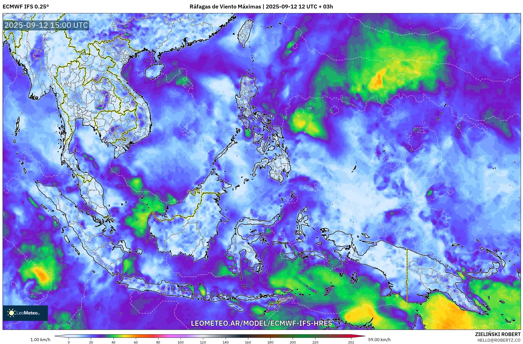 ECMWF IFS 0.25° model - Sudeste Asiático, Ráfagas de Viento Máximas ECMWF IFS 0.25° model - Sudeste Asiático, Ráfagas de Viento Máximas