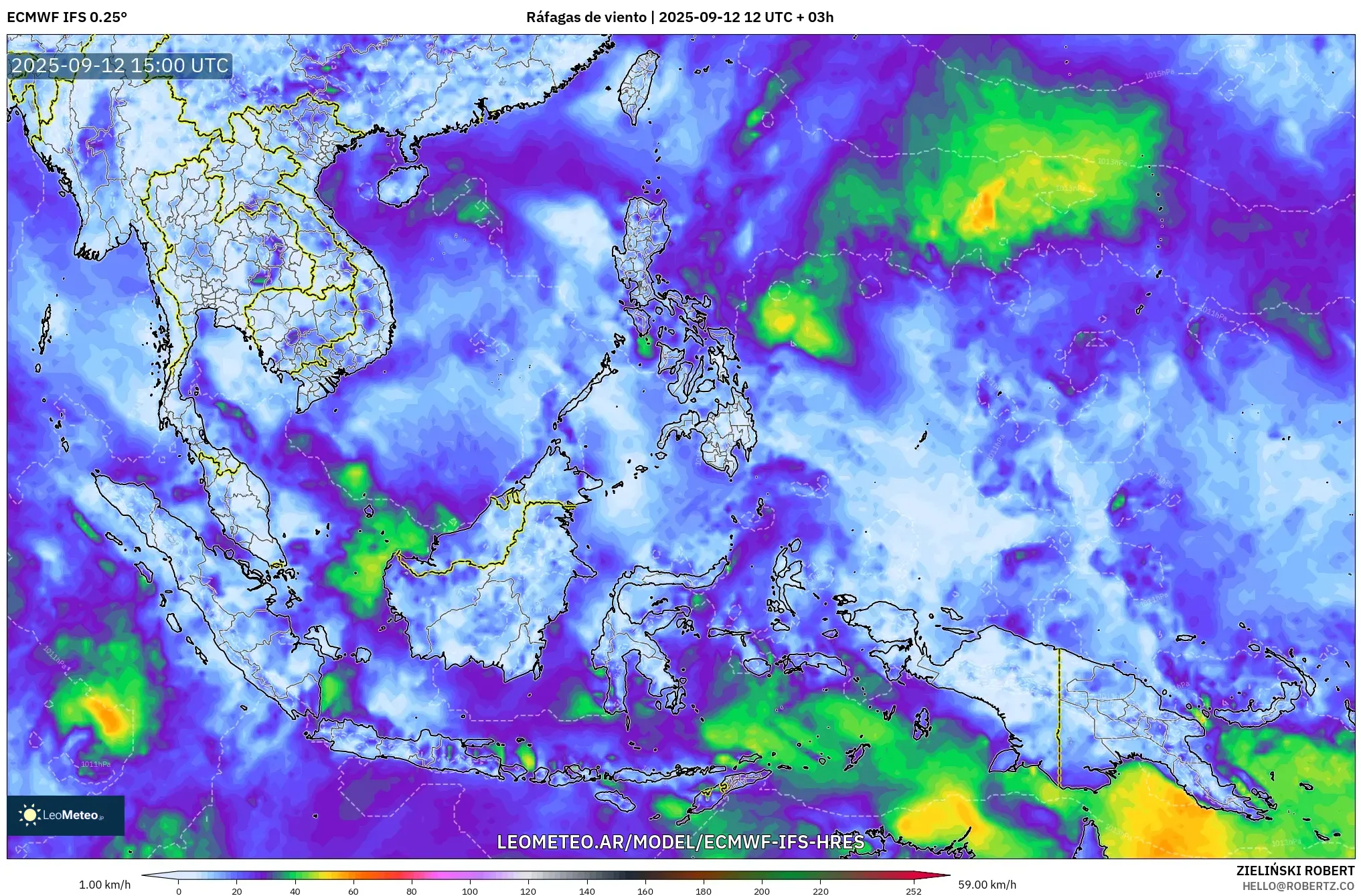 ECMWF IFS 0.25° model - Sudeste Asiático, Ráfagas de viento ECMWF IFS 0.25° model - Sudeste Asiático, Ráfagas de viento