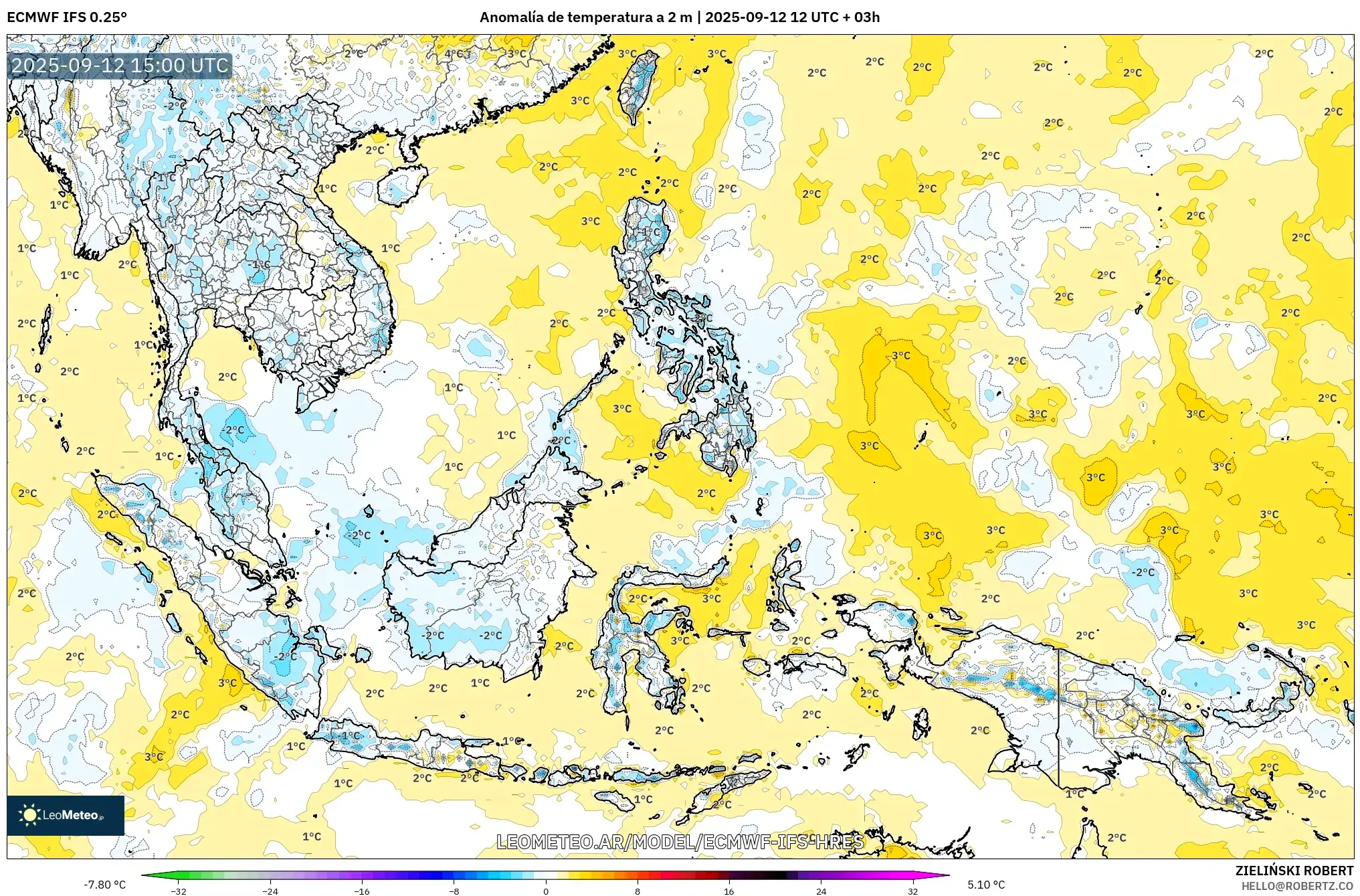 ECMWF IFS 0.25° model - Sudeste Asiático, Anomalía de temperatura a 2 m