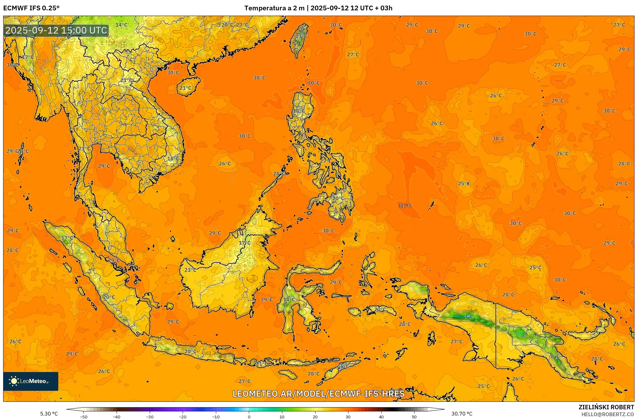 ECMWF IFS 0.25° model - Sudeste Asiático, Temperatura a 2 m ECMWF IFS 0.25° model - Sudeste Asiático, Temperatura a 2 m