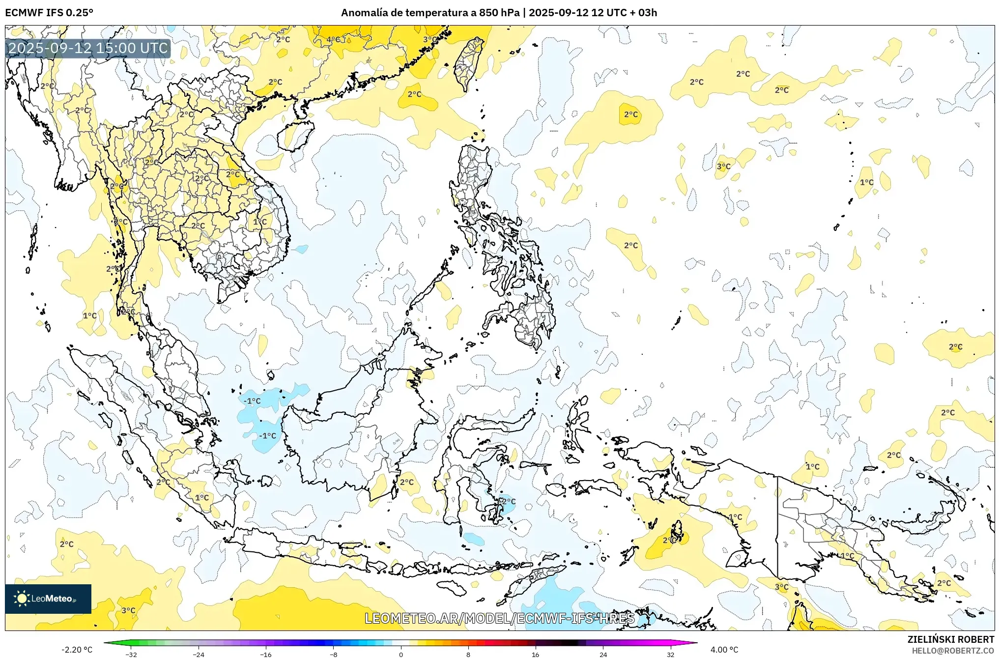 ECMWF IFS 0.25° model - Sudeste Asiático, Anomalía de temperatura a 850 hPa
