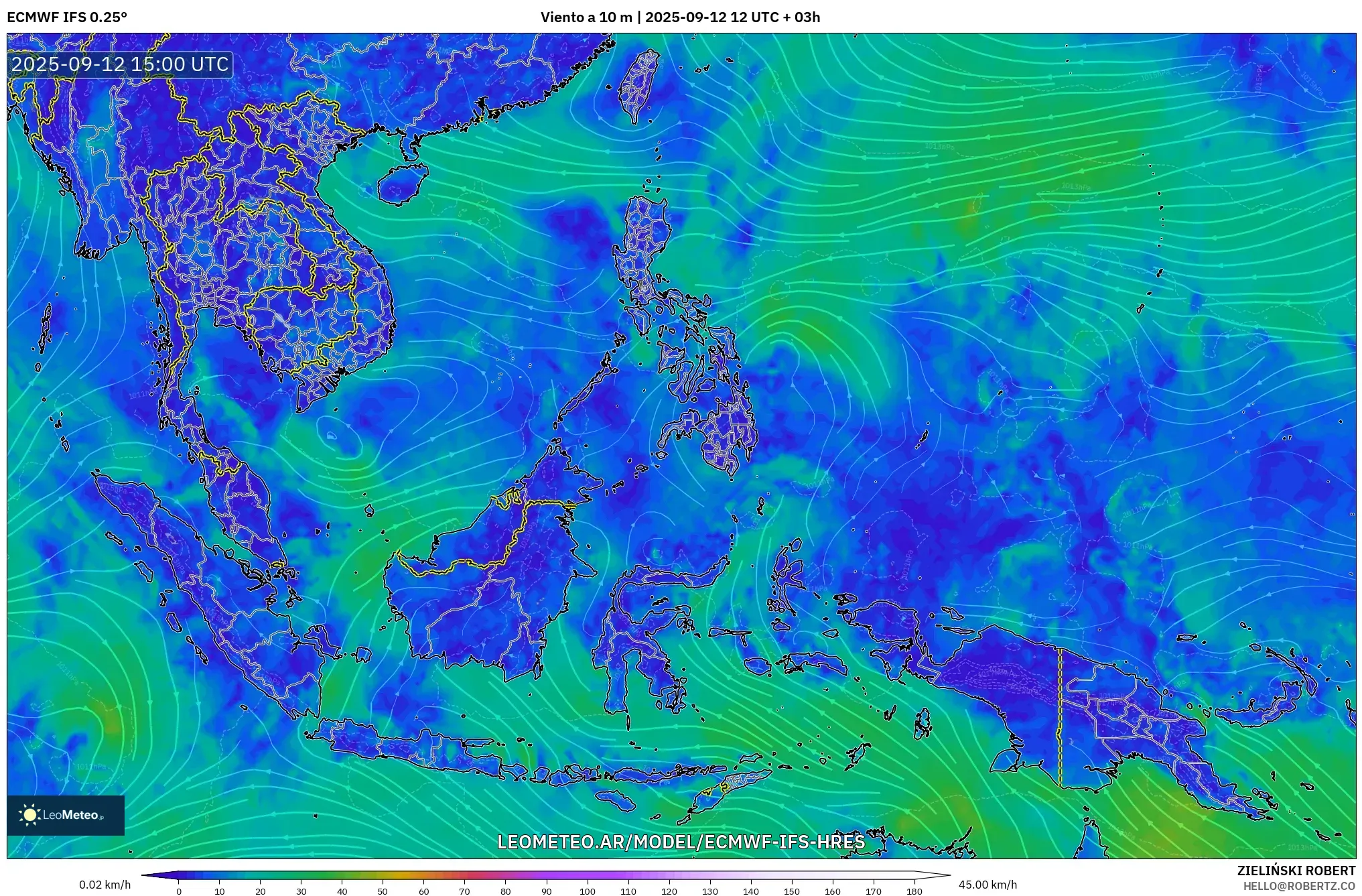ECMWF IFS 0.25° model - Sudeste Asiático, Viento a 10 m ECMWF IFS 0.25° model - Sudeste Asiático, Viento a 10 m