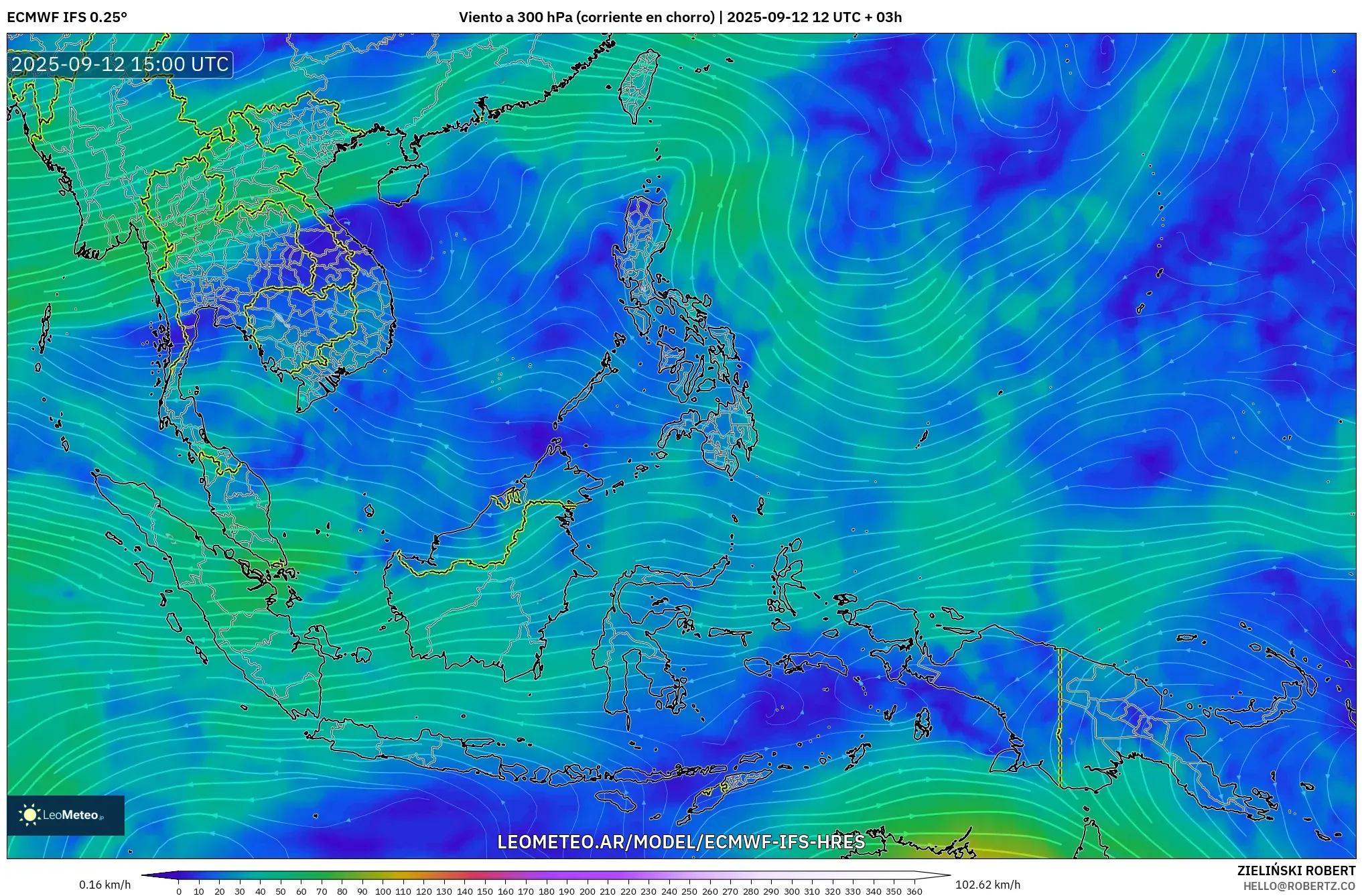 ECMWF IFS 0.25° model - Sudeste Asiático, Viento a 300 hPa (corriente en chorro)