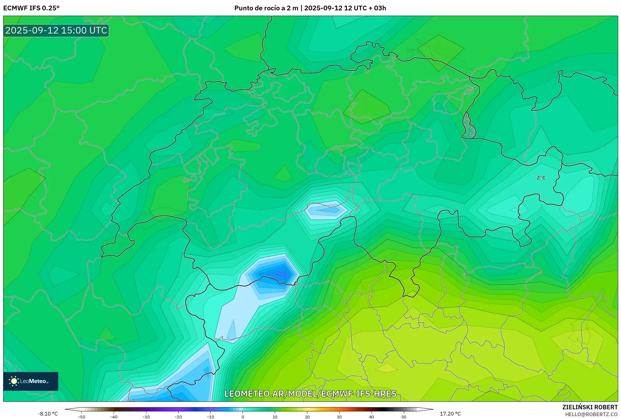 ECMWF IFS 0.25° model - Suiza, Punto de rocío a 2 m