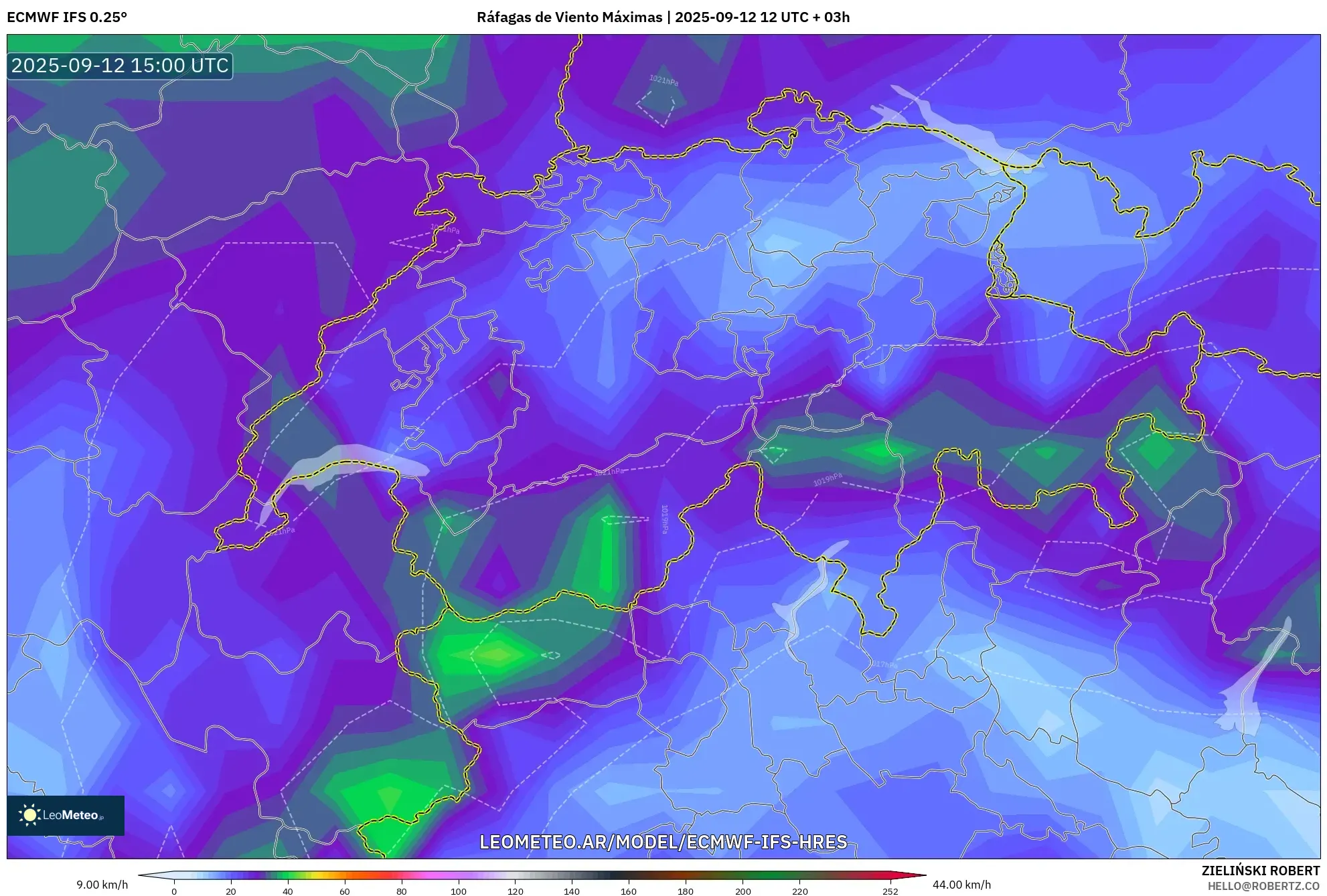 ECMWF IFS 0.25° model - Suiza, Ráfagas de Viento Máximas
