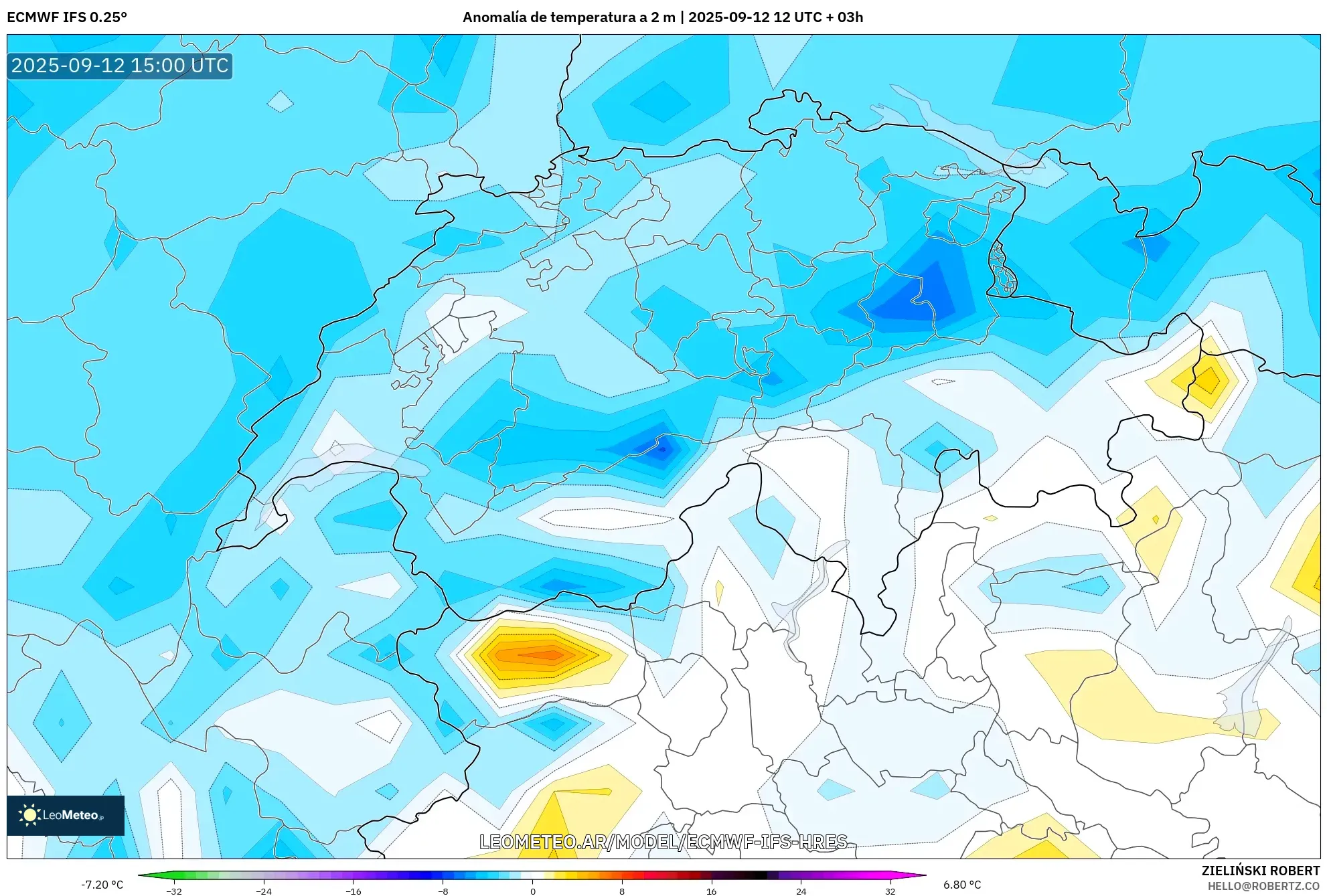 ECMWF IFS 0.25° model - Suiza, Anomalía de temperatura a 2 m ECMWF IFS 0.25° model - Suiza, Anomalía de temperatura a 2 m