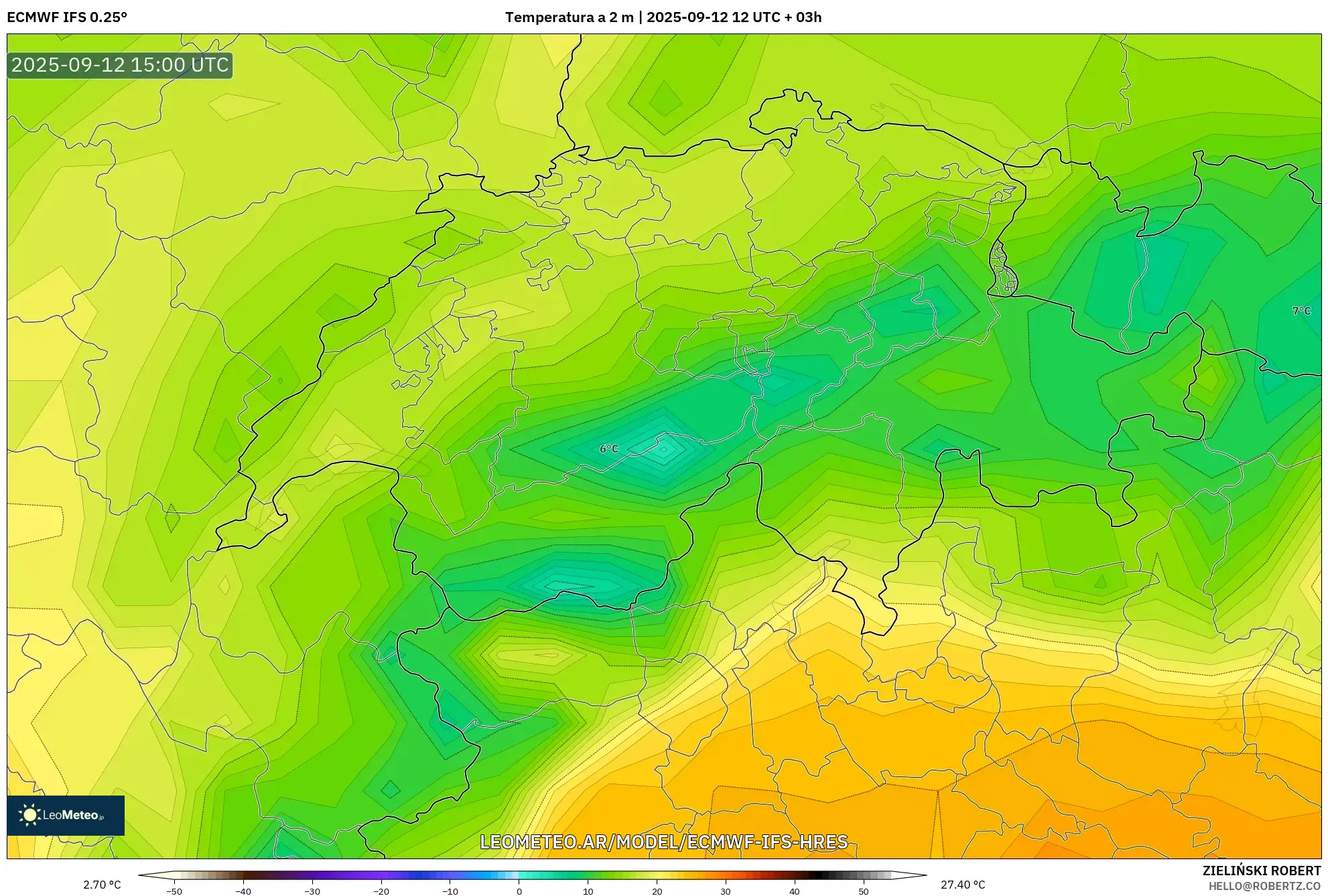 ECMWF IFS 0.25° model - Suiza, Temperatura a 2 m
