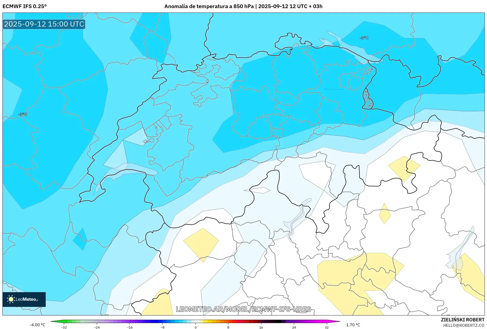 ECMWF IFS 0.25° model - Suiza, Anomalía de temperatura a 850 hPa