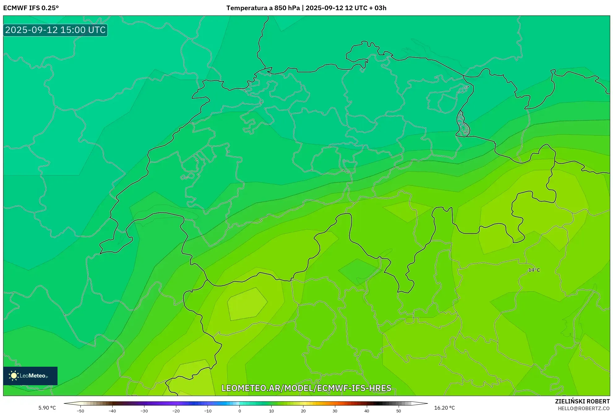 ECMWF IFS 0.25° model - Suiza, Temperatura a 850 hPa