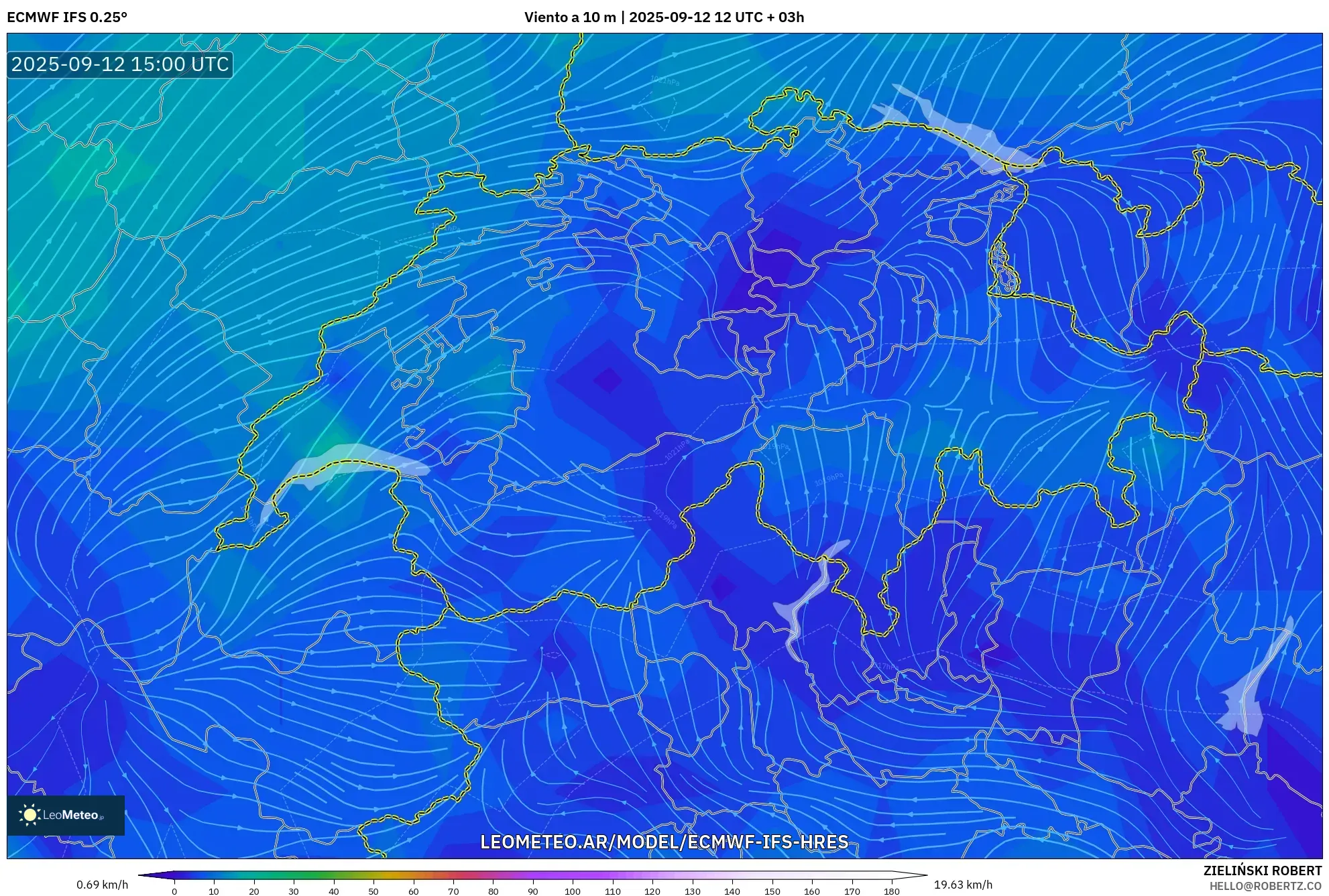 ECMWF IFS 0.25° model - Suiza, Viento a 10 m