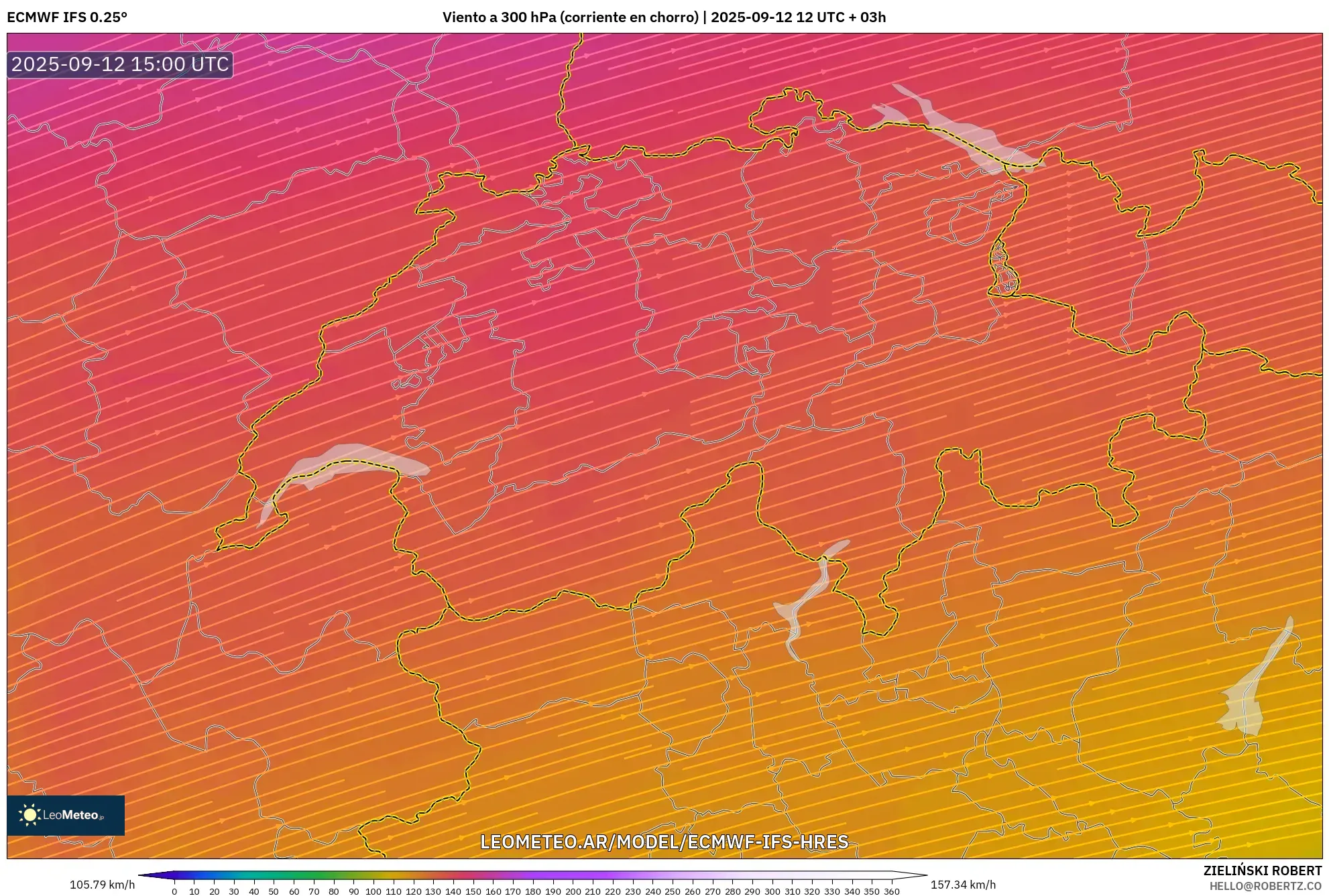 ECMWF IFS 0.25° model - Suiza, Viento a 300 hPa (corriente en chorro) ECMWF IFS 0.25° model - Suiza, Viento a 300 hPa (corriente en chorro)