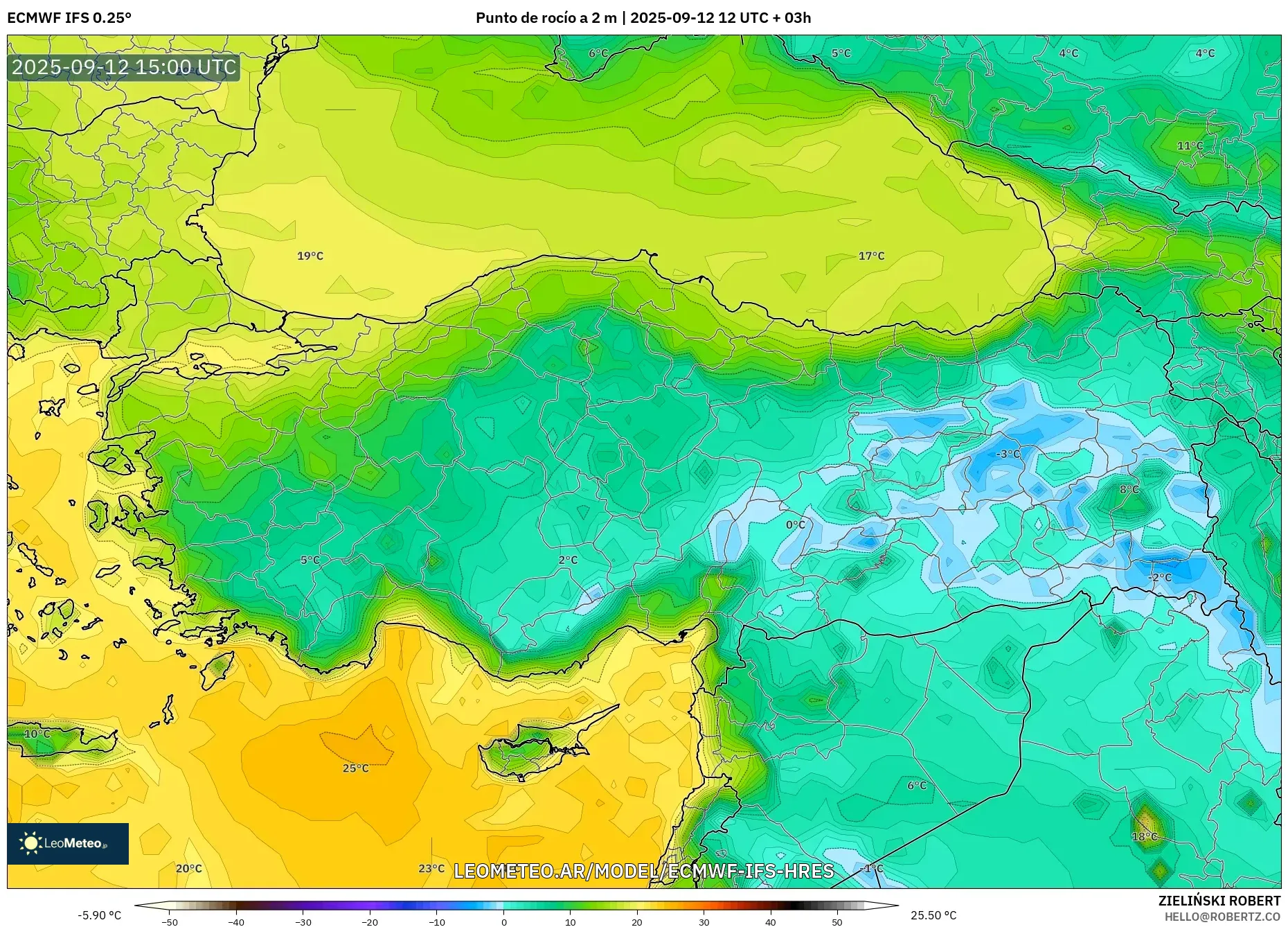 ECMWF IFS 0.25° model - Turquía, Punto de rocío a 2 m