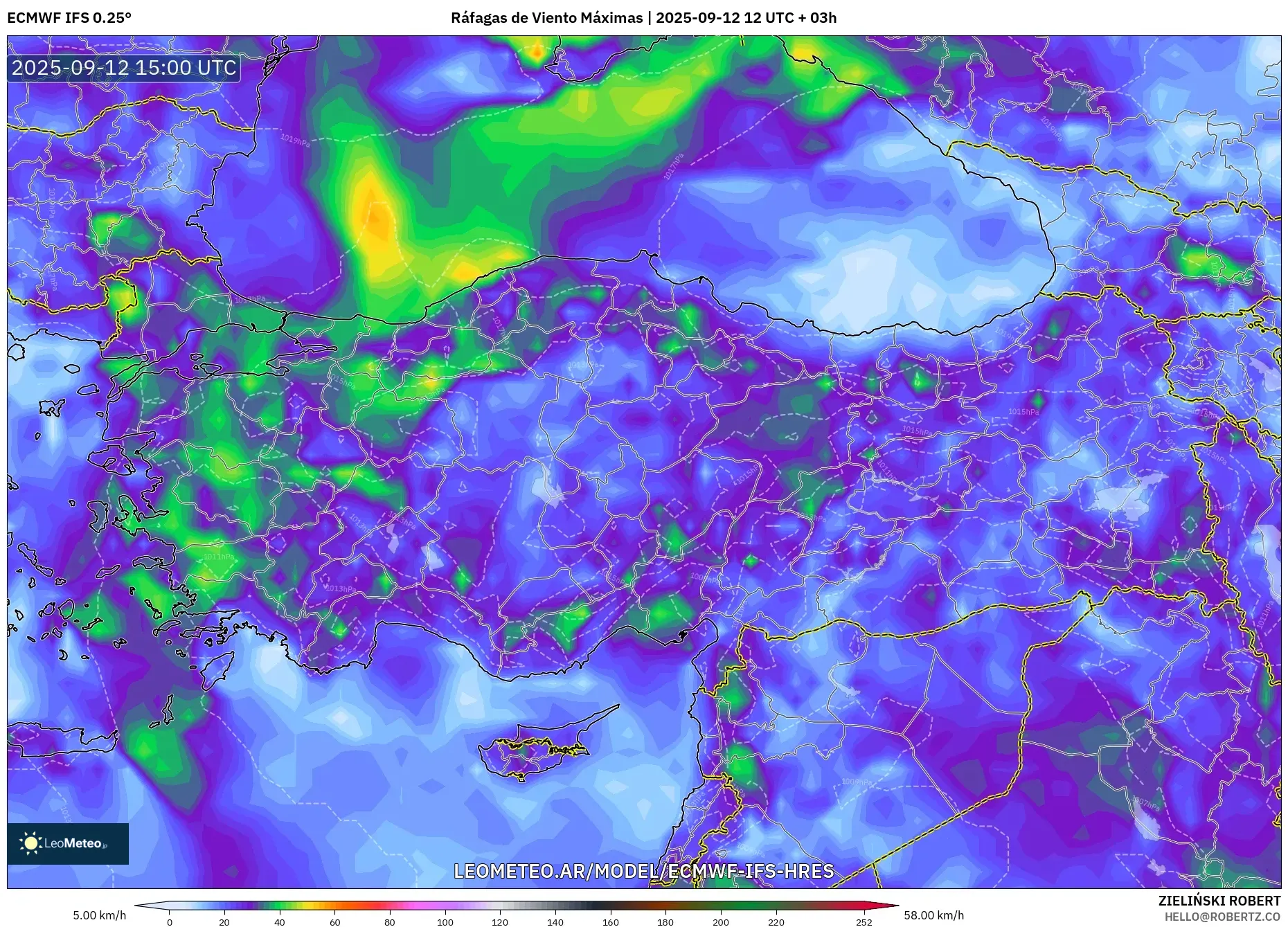 ECMWF IFS 0.25° model - Turquía, Ráfagas de Viento Máximas