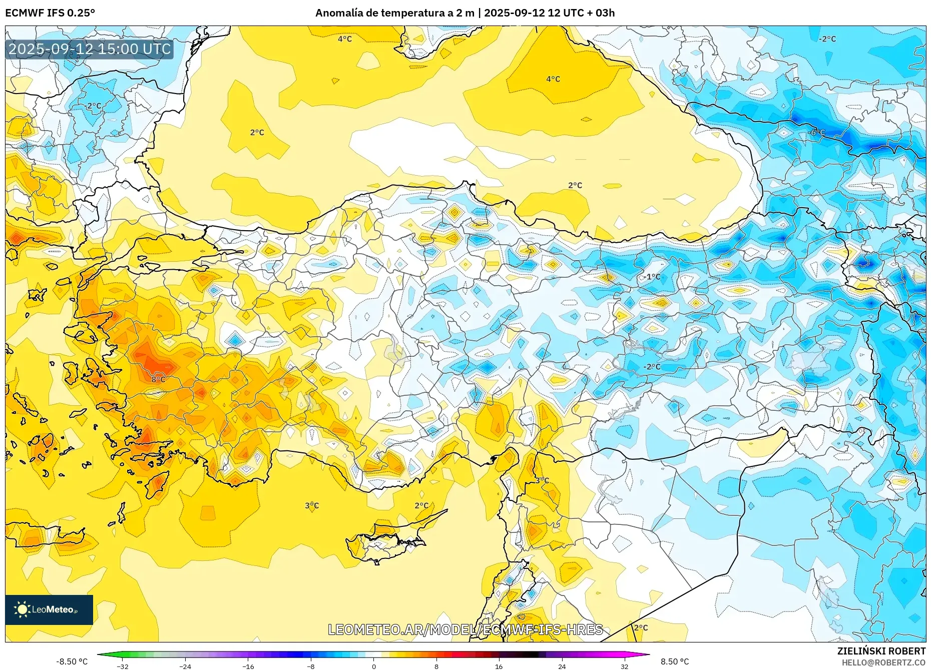 ECMWF IFS 0.25° model - Turquía, Anomalía de temperatura a 2 m ECMWF IFS 0.25° model - Turquía, Anomalía de temperatura a 2 m